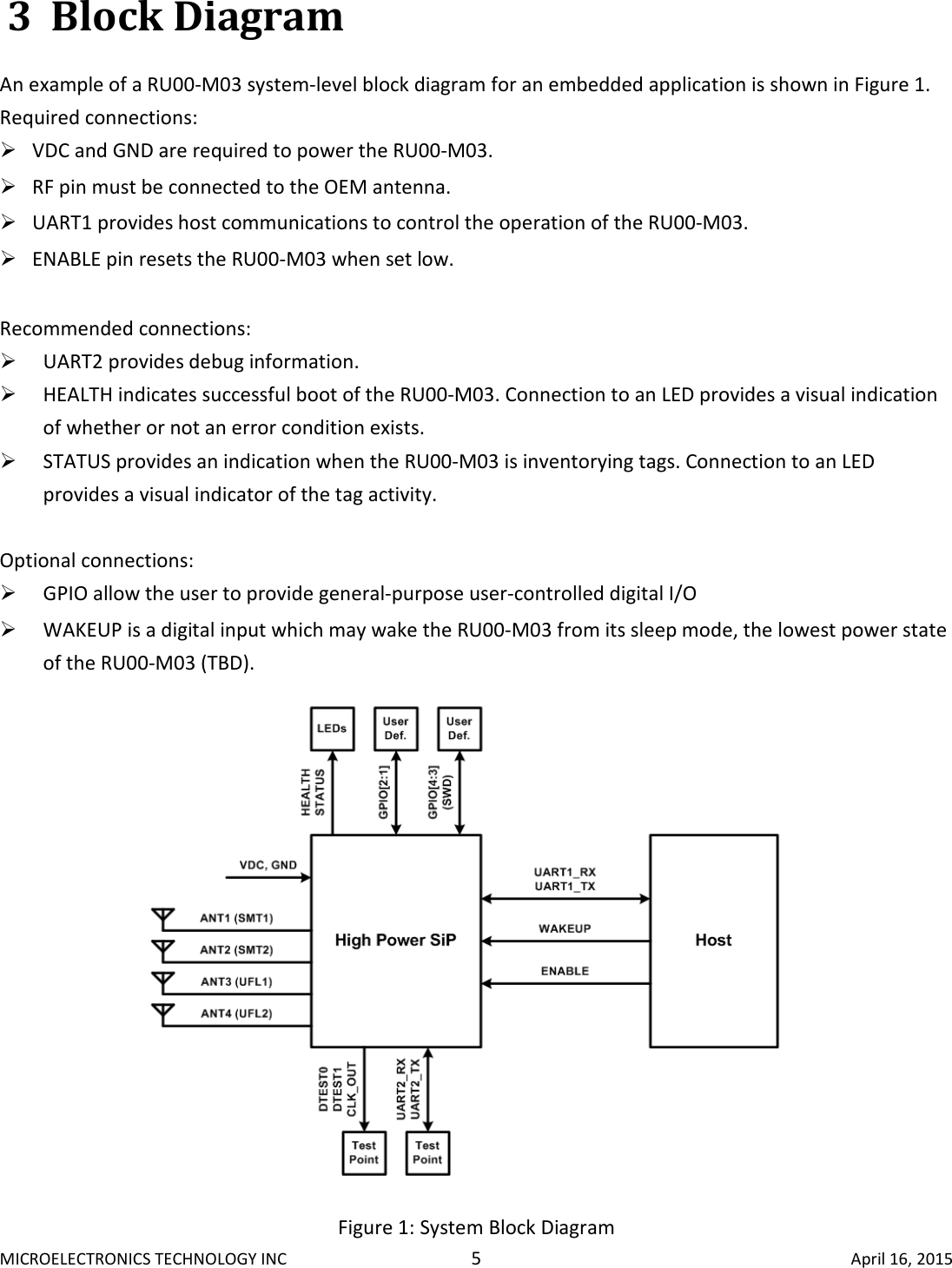 MICROELECTRONICS TECHNOLOGY INC  5  April 16, 2015 3 Block Diagram  An example of a RU00-M03 system-level block diagram for an embedded application is shown in Figure 1.  Required connections:   VDC and GND are required to power the RU00-M03.   RF pin must be connected to the OEM antenna.   UART1 provides host communications to control the operation of the RU00-M03.   ENABLE pin resets the RU00-M03 when set low.   Recommended connections:   UART2 provides debug information.   HEALTH indicates successful boot of the RU00-M03. Connection to an LED provides a visual indication of whether or not an error condition exists.   STATUS provides an indication when the RU00-M03 is inventorying tags. Connection to an LED provides a visual indicator of the tag activity.   Optional connections:   GPIO allow the user to provide general-purpose user-controlled digital I/O   WAKEUP is a digital input which may wake the RU00-M03 from its sleep mode, the lowest power state of the RU00-M03 (TBD).   Figure 1: System Block Diagram 