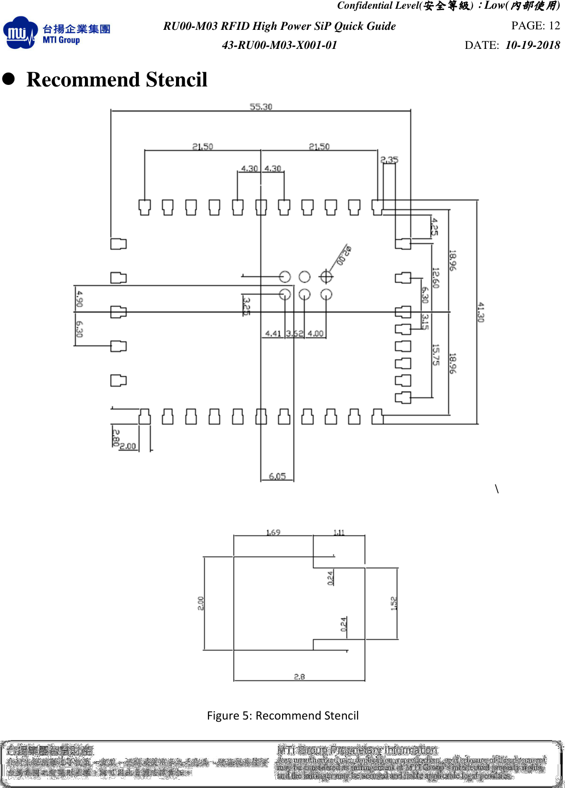 Confidential Level(安全安全安全安全等級等級等級等級)：：：：Low(內部使用內部使用內部使用內部使用)  RU00-M03 RFID High Power SiP Quick Guide  PAGE: 12 43-RU00-M03-X001-01  DATE:  10-19-2018     Recommend Stencil \   Figure 5: Recommend Stencil 