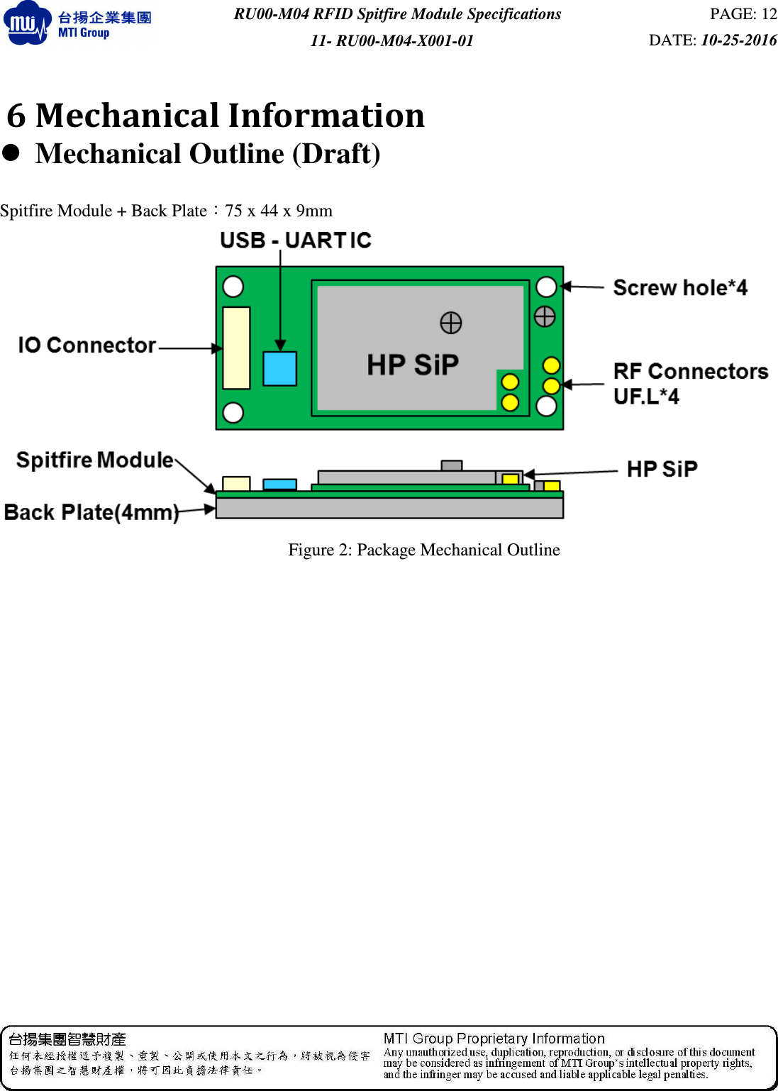  RU00-M04 RFID Spitfire Module Specifications  PAGE: 12 11- RU00-M04-X001-01  DATE: 10-25-2016    6 Mechanical Information  Mechanical Outline (Draft)  Spitfire Module + Back Plate：75 x 44 x 9mm  Figure 2: Package Mechanical Outline  