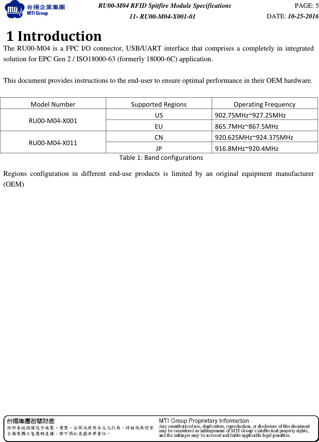  RU00-M04 RFID Spitfire Module Specifications  PAGE: 5 11- RU00-M04-X001-01  DATE: 10-25-2016   1 Introduction The RU00-M04 is  a  FPC  I/O connector, USB/UART interface  that  comprises  a  completely in  integrated solution for EPC Gen 2 / ISO18000-63 (formerly 18000-6C) application.    This document provides instructions to the end-user to ensure optimal performance in their OEM hardware.    Model Number  Supported Regions  Operating Frequency RU00-M04-X001  US  902.75MHz~927.25MHz EU  865.7MHz~867.5MHz RU00-M04-X011  CN  920.625MHz~924.375MHz JP  916.8MHz~920.4MHz Table 1: Band configurations Regions  configuration  in  different  end-use  products  is  limited  by  an  original  equipment  manufacturer (OEM) 