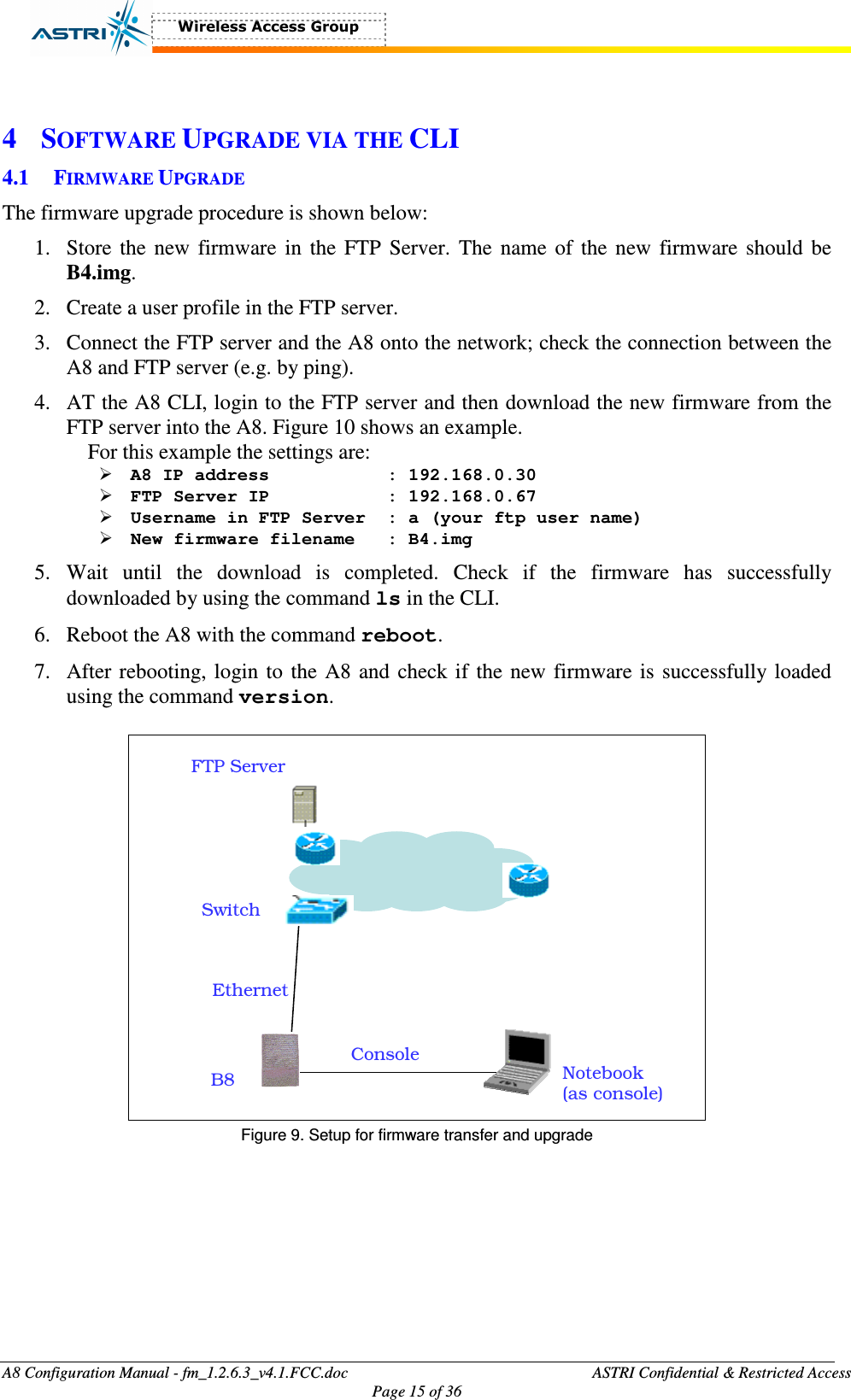  A8 Configuration Manual - fm_1.2.6.3_v4.1.FCC.doc              ASTRI Confidential &amp; Restricted Access Page 15 of 36   4 SOFTWARE UPGRADE VIA THE CLI 4.1 FIRMWARE UPGRADE The firmware upgrade procedure is shown below: 1. Store the new  firmware  in the FTP  Server. The  name of the new firmware should  be B4.img. 2. Create a user profile in the FTP server.   3. Connect the FTP server and the A8 onto the network; check the connection between the A8 and FTP server (e.g. by ping).   4. AT the A8 CLI, login to the FTP server and then download the new firmware from the FTP server into the A8. Figure 10 shows an example.   For this example the settings are:  A8 IP address       : 192.168.0.30  FTP Server IP      : 192.168.0.67  Username in FTP Server  : a (your ftp user name)  New firmware filename  : B4.img 5. Wait  until  the  download  is  completed.  Check  if  the  firmware  has  successfully downloaded by using the command ls in the CLI.   6. Reboot the A8 with the command reboot. 7. After rebooting, login to the A8 and check if the new firmware is successfully loaded using the command version.      B8 Switch FTP Server Notebook (as console) Ethernet Console  Figure 9. Setup for firmware transfer and upgrade  