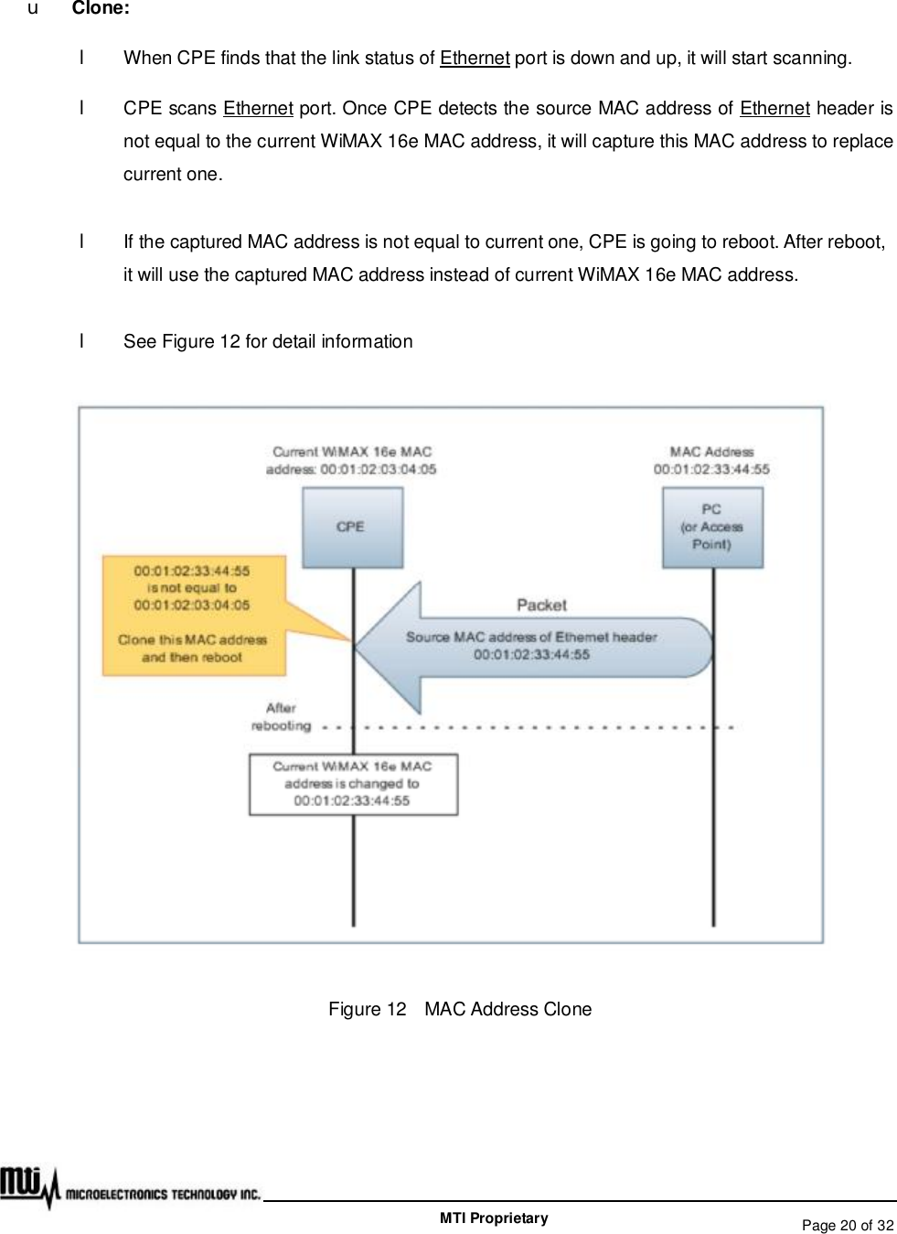   Page 20 of 32  MTI Proprietary u Clone:  l When CPE finds that the link status of Ethernet port is down and up, it will start scanning. l CPE scans Ethernet port. Once CPE detects the source MAC address of Ethernet header is not equal to the current WiMAX 16e MAC address, it will capture this MAC address to replace current one. l If the captured MAC address is not equal to current one, CPE is going to reboot. After reboot, it will use the captured MAC address instead of current WiMAX 16e MAC address. l See Figure 12 for detail information  Figure 12  MAC Address Clone   