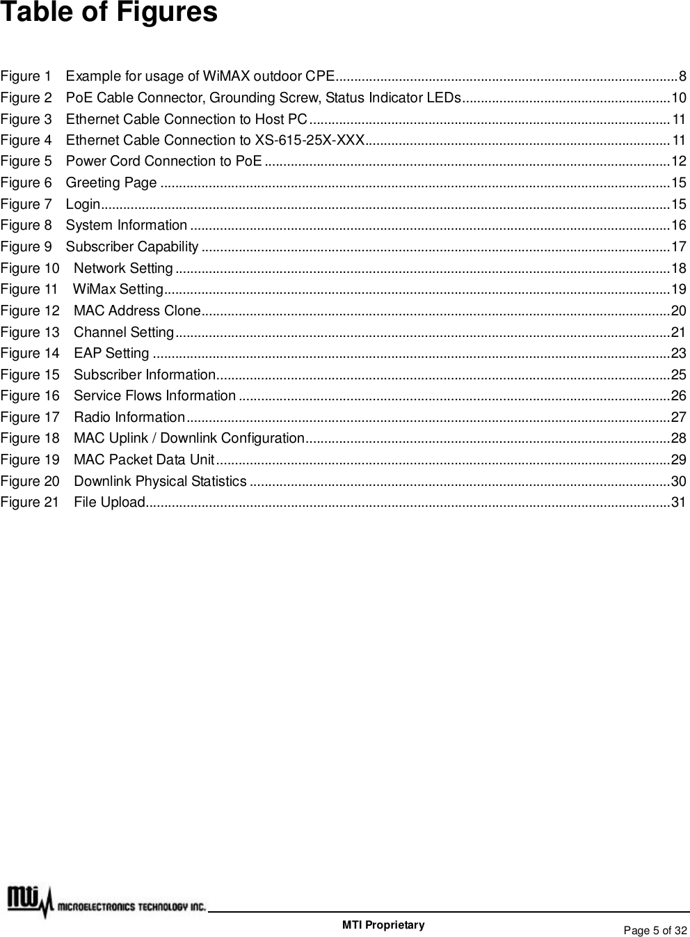   Page 5 of 32  MTI Proprietary Table of Figures Figure 1  Example for usage of WiMAX outdoor CPE............................................................................................8 Figure 2  PoE Cable Connector, Grounding Screw, Status Indicator LEDs........................................................10 Figure 3  Ethernet Cable Connection to Host PC.................................................................................................11 Figure 4  Ethernet Cable Connection to XS-615-25X-XXX..................................................................................11 Figure 5  Power Cord Connection to PoE.............................................................................................................12 Figure 6  Greeting Page.........................................................................................................................................15 Figure 7  Login.........................................................................................................................................................15 Figure 8  System Information.................................................................................................................................16 Figure 9  Subscriber Capability..............................................................................................................................17 Figure 10  Network Setting.....................................................................................................................................18 Figure 11  WiMax Setting........................................................................................................................................19 Figure 12  MAC Address Clone..............................................................................................................................20 Figure 13  Channel Setting.....................................................................................................................................21 Figure 14  EAP Setting...........................................................................................................................................23 Figure 15  Subscriber Information..........................................................................................................................25 Figure 16  Service Flows Information....................................................................................................................26 Figure 17  Radio Information..................................................................................................................................27 Figure 18  MAC Uplink / Downlink Configuration..................................................................................................28 Figure 19  MAC Packet Data Unit..........................................................................................................................29 Figure 20  Downlink Physical Statistics.................................................................................................................30 Figure 21  File Upload.............................................................................................................................................31  