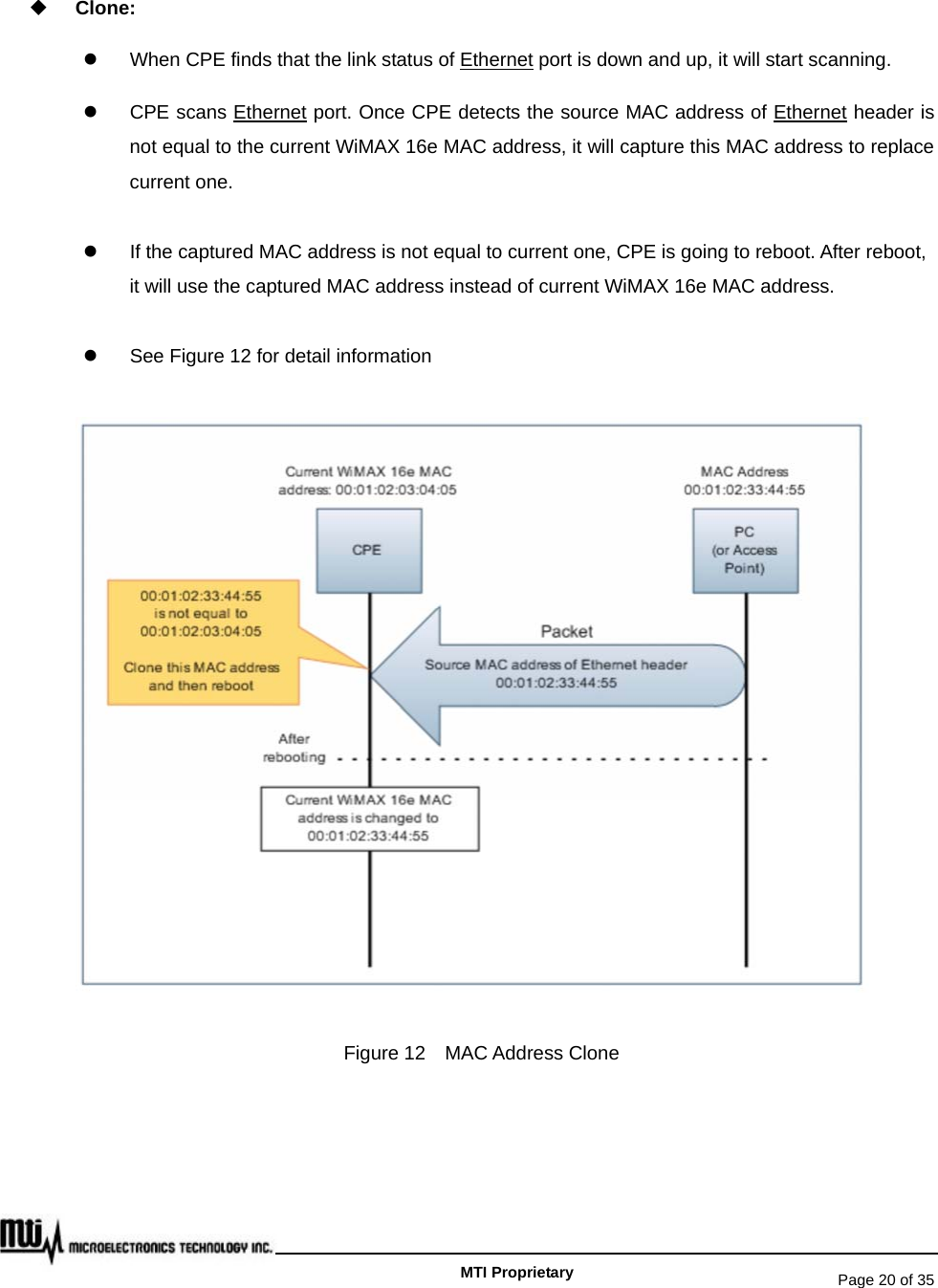   Page 20 of 35   MTI Proprietary  Clone:  z  When CPE finds that the link status of Ethernet port is down and up, it will start scanning. z CPE scans Ethernet port. Once CPE detects the source MAC address of Ethernet header is not equal to the current WiMAX 16e MAC address, it will capture this MAC address to replace current one. z  If the captured MAC address is not equal to current one, CPE is going to reboot. After reboot, it will use the captured MAC address instead of current WiMAX 16e MAC address. z  See Figure 12 for detail information  Figure 12    MAC Address Clone 