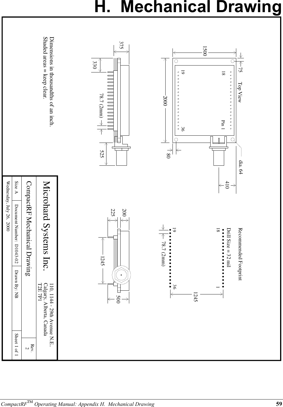 CompactRFTM Operating Manual: Appendix H.  Mechanical Drawing 59H.  Mechanical DrawingDimensions in thousandths of an inch.Shaded areas = keep clear. Microhard Systems Inc.CompactRF Mechanical Drawing110, 1144 - 29th Avenue N.E..Calgary, Alberta, CanadaT2E 7P1Rev.2Size A Document Number:  D1043-02 Drawn By: NB Sheet 1 of 1Wednesday, July 26,  200033037578.7 (2mm) 525 1245225200 50015002000dia. 648075410Top ViewPin 11819 36Recommended FootprintDrill Size = 32 mil11819 3678.7 (2mm)1245