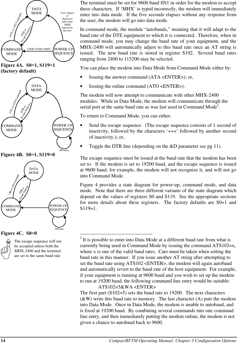 14 CompactRFTM Operating Manual: Chapter 3 Configuration OptionsDATAMODEPOWER-UPSEQUENCECOMMANDMODEUSER TYPES &apos;MHX&apos;5 sec elapsesorcharactersother than &apos;MHX&apos;entered by the user(ATA or ATO Command)   DTR or Escape SequenceFigure 4A.  S0=1, S119=1(factory default)DATAMODEPOWER-UPSEQUENCECOMMANDMODE500 msec(ATA or ATO Command)   DTR or Escape SequenceFigure 4B.  S0=1, S119=0DATAMODEPOWER-UPSEQUENCECOMMANDMODE500 msec(ATA or ATO Command)   DTR or Escape SequenceFigure 4C.  S0=0The escape sequence will notbe accepted unless both theMHX-2400 and the terminalare set to the same baud rateThe terminal must be set for 9600 baud 8N1 in order for the modem to acceptthese characters.  If ‘MHX’ is typed incorrectly, the modem will immediatelyenter into data mode.  If the five seconds elapses without any response fromthe user, the modem will go into data mode.In command mode, the module “autobauds,” meaning that it will adapt to thebaud rate of the DTE equipment to which it is connected.  Therefore, when incommand mode, you may change the baud rate of your equipment, and theMHX-2400 will automatically adjust to this baud rate once an AT string isissued.  The new baud rate is stored in register S102.  Several baud ratesranging from 2400 to 115200 may be selected.You can place the modem into Data Mode from Command Mode either by:•  Issuing the answer command (ATA &lt;ENTER&gt;); or,•  Issuing the online command (ATO &lt;ENTER&gt;).The modem will now attempt to communicate with other MHX-2400modules.  While in Data Mode, the modem will communicate through theserial port at the same baud rate as was last used in Command Mode2.To return to Command Mode, you can either:•  Send the escape sequence.  (The escape sequence consists of 1 second ofinactivity, followed by the characters ‘+++’ followed by another secondof inactivity.); or,•  Toggle the DTR line (depending on the &amp;D parameter see pg 11).The escape sequence must be issued at the baud rate that the modem has beenset to.  If the modem is set to 19200 baud, and the escape sequence is issuedat 9600 baud, for example, the modem will not recognize it, and will not gointo Command Mode.Figure 4 provides a state diagram for power-up, command mode, and datamode.  Note that there are three different variants of the state diagram whichdepend on the values of registers S0 and S119.  See the appropriate sectionsfor more details about these registers.  The factory defaults are S0=1 andS119=1.                                                          2 It is possible to enter into Data Mode at a different baud rate from what iscurrently being used in Command Mode by issuing the command ATS102=x,where x is one of the valid baud rates.  Care must be taken when setting thebaud rate in this manner.  If you issue another AT string after attempting toset the baud rate using ATS102 &lt;ENTER&gt;, the modem will again autobaudand automatically revert to the baud rate of the host equipment.  For example,if your equipment is running at 9600 baud and you wish to set up the modemto run at 19200 baud, the following command line entry would be suitable:ATS102=5&amp;WA &lt;ENTER&gt;The first part (S102=5) sets the baud rate to 19200.  The next characters(&amp;W) write this baud rate to memory.  The last character (A) puts the modeminto Data Mode.  Once in Data Mode, the modem is unable to autobaud, andis fixed at 19200 baud.  By combining several commands into one commandline entry, and then immediately putting the modem online, the modem is notgiven a chance to autobaud back to 9600.