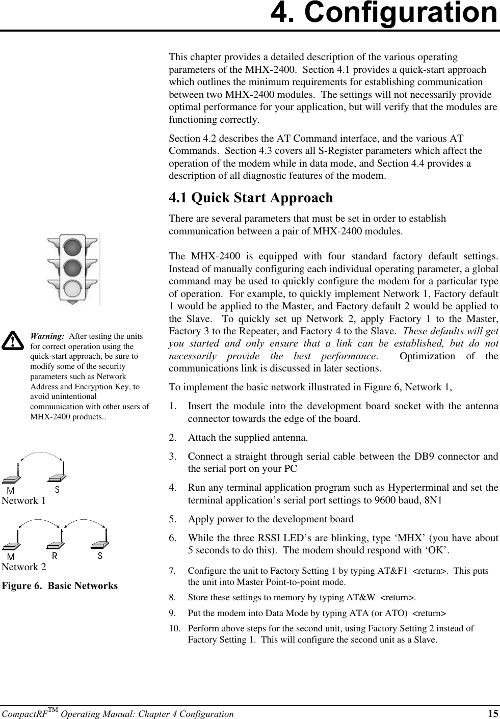 CompactRFTM Operating Manual: Chapter 4 Configuration 154. ConfigurationWarning:  After testing the unitsfor correct operation using thequick-start approach, be sure tomodify some of the securityparameters such as NetworkAddress and Encryption Key, toavoid unintentionalcommunication with other users ofMHX-2400 products..MSNetwork 1MSRMSRNetwork 2Figure 6.  Basic NetworksThis chapter provides a detailed description of the various operatingparameters of the MHX-2400.  Section 4.1 provides a quick-start approachwhich outlines the minimum requirements for establishing communicationbetween two MHX-2400 modules.  The settings will not necessarily provideoptimal performance for your application, but will verify that the modules arefunctioning correctly.Section 4.2 describes the AT Command interface, and the various ATCommands.  Section 4.3 covers all S-Register parameters which affect theoperation of the modem while in data mode, and Section 4.4 provides adescription of all diagnostic features of the modem.4.1 Quick Start ApproachThere are several parameters that must be set in order to establishcommunication between a pair of MHX-2400 modules.The MHX-2400 is equipped with four standard factory default settings.Instead of manually configuring each individual operating parameter, a globalcommand may be used to quickly configure the modem for a particular typeof operation.  For example, to quickly implement Network 1, Factory default1 would be applied to the Master, and Factory default 2 would be applied tothe Slave.  To quickly set up Network 2, apply Factory 1 to the Master,Factory 3 to the Repeater, and Factory 4 to the Slave.  These defaults will getyou started and only ensure that a link can be established, but do notnecessarily provide the best performance.  Optimization of thecommunications link is discussed in later sections.To implement the basic network illustrated in Figure 6, Network 1,1.  Insert the module into the development board socket with the antennaconnector towards the edge of the board.2.  Attach the supplied antenna.3.  Connect a straight through serial cable between the DB9 connector andthe serial port on your PC4.  Run any terminal application program such as Hyperterminal and set theterminal application’s serial port settings to 9600 baud, 8N15.  Apply power to the development board6.  While the three RSSI LED’s are blinking, type ‘MHX’ (you have about5 seconds to do this).  The modem should respond with ‘OK’.7.  Configure the unit to Factory Setting 1 by typing AT&amp;F1  &lt;return&gt;.  This putsthe unit into Master Point-to-point mode.8.  Store these settings to memory by typing AT&amp;W  &lt;return&gt;.9.  Put the modem into Data Mode by typing ATA (or ATO)  &lt;return&gt;10.  Perform above steps for the second unit, using Factory Setting 2 instead ofFactory Setting 1.  This will configure the second unit as a Slave.