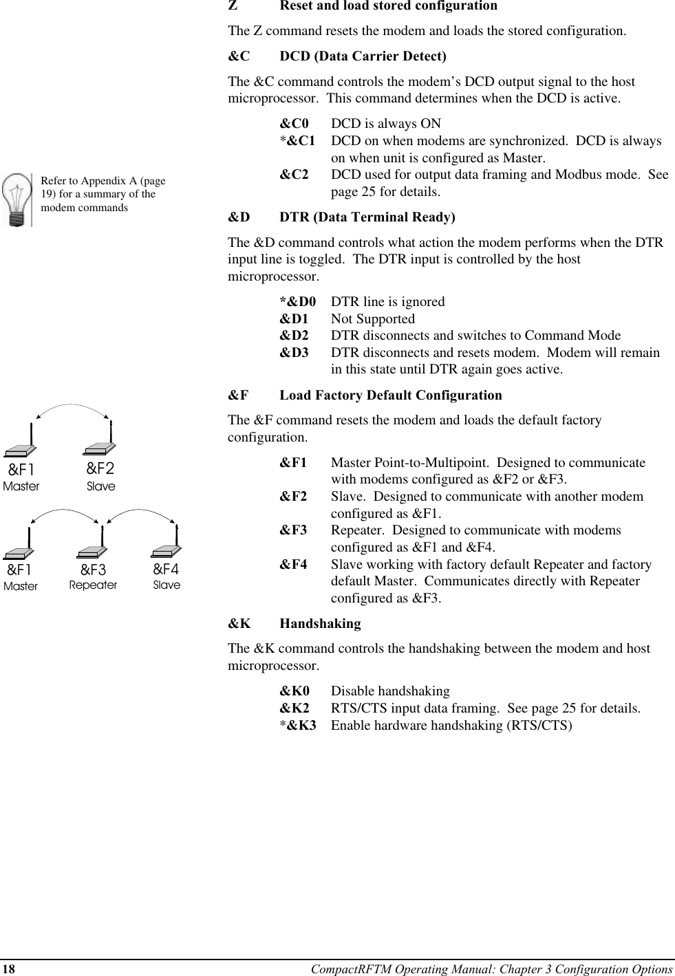 18 CompactRFTM Operating Manual: Chapter 3 Configuration OptionsRefer to Appendix A (page19) for a summary of themodem commands&amp;F1 &amp;F2Master Slave&amp;F1 &amp;F4&amp;F3Master Repeater SlaveZReset and load stored configurationThe Z command resets the modem and loads the stored configuration.&amp;C DCD (Data Carrier Detect)The &amp;C command controls the modem’s DCD output signal to the hostmicroprocessor.  This command determines when the DCD is active.&amp;C0 DCD is always ON*&amp;C1 DCD on when modems are synchronized.  DCD is alwayson when unit is configured as Master.&amp;C2 DCD used for output data framing and Modbus mode.  Seepage 25 for details.&amp;D DTR (Data Terminal Ready)The &amp;D command controls what action the modem performs when the DTRinput line is toggled.  The DTR input is controlled by the hostmicroprocessor.*&amp;D0 DTR line is ignored&amp;D1 Not Supported&amp;D2 DTR disconnects and switches to Command Mode&amp;D3 DTR disconnects and resets modem.  Modem will remainin this state until DTR again goes active.&amp;F Load Factory Default ConfigurationThe &amp;F command resets the modem and loads the default factoryconfiguration.&amp;F1 Master Point-to-Multipoint.  Designed to communicatewith modems configured as &amp;F2 or &amp;F3.&amp;F2 Slave.  Designed to communicate with another modemconfigured as &amp;F1.&amp;F3 Repeater.  Designed to communicate with modemsconfigured as &amp;F1 and &amp;F4.&amp;F4 Slave working with factory default Repeater and factorydefault Master.  Communicates directly with Repeaterconfigured as &amp;F3.&amp;K HandshakingThe &amp;K command controls the handshaking between the modem and hostmicroprocessor.&amp;K0 Disable handshaking&amp;K2 RTS/CTS input data framing.  See page 25 for details.*&amp;K3 Enable hardware handshaking (RTS/CTS)