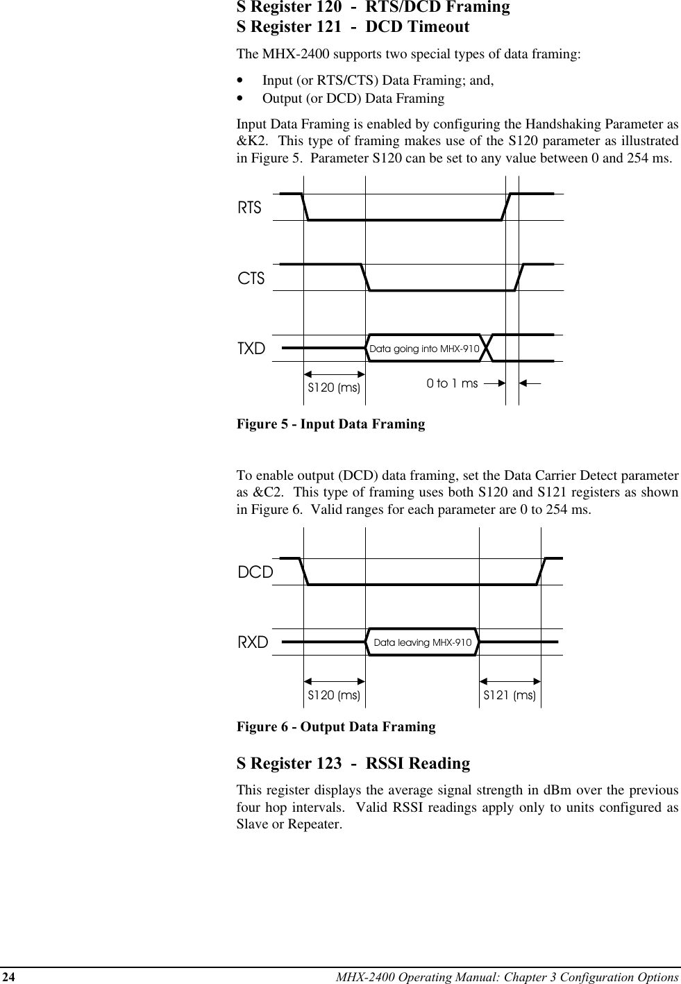 24 MHX-2400 Operating Manual: Chapter 3 Configuration OptionsS Register 120  -  RTS/DCD FramingS Register 121  -  DCD TimeoutThe MHX-2400 supports two special types of data framing:•  Input (or RTS/CTS) Data Framing; and,•  Output (or DCD) Data FramingInput Data Framing is enabled by configuring the Handshaking Parameter as&amp;K2.  This type of framing makes use of the S120 parameter as illustratedin Figure 5.  Parameter S120 can be set to any value between 0 and 254 ms.RTSCTSTXDS120 (ms)Data going into MHX-9100 to 1 msFigure 5 - Input Data FramingTo enable output (DCD) data framing, set the Data Carrier Detect parameteras &amp;C2.  This type of framing uses both S120 and S121 registers as shownin Figure 6.  Valid ranges for each parameter are 0 to 254 ms.DCDRXD Data leaving MHX-910S120 (ms) S121 (ms)Figure 6 - Output Data FramingS Register 123  -  RSSI ReadingThis register displays the average signal strength in dBm over the previousfour hop intervals.  Valid RSSI readings apply only to units configured asSlave or Repeater.