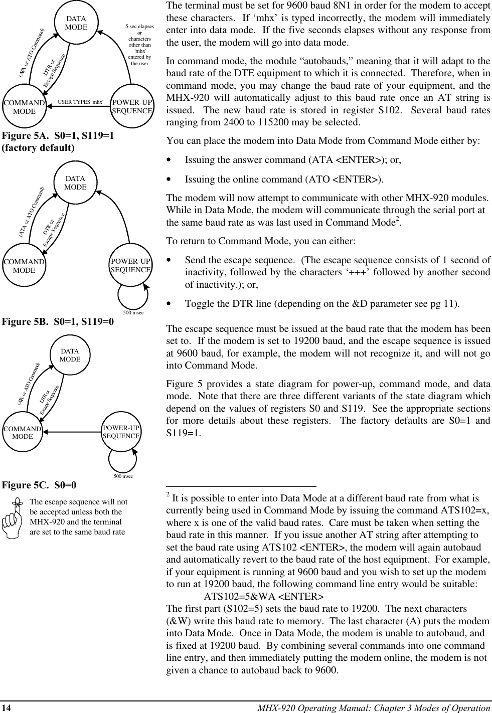 14 MHX-920 Operating Manual: Chapter 3 Modes of OperationDATAMODEPOWER-UPSEQUENCECOMMANDMODEUSER TYPES &apos;mhx&apos;5 sec elapsesorcharactersother than &apos;mhx&apos;entered by the user(ATA or ATO Command)   DTR or Escape SequenceFigure 5A.  S0=1, S119=1(factory default)DATAMODEPOWER-UPSEQUENCECOMMANDMODE500 msec(ATA or ATO Command)   DTR or Escape SequenceFigure 5B.  S0=1, S119=0DATAMODEPOWER-UPSEQUENCECOMMANDMODE500 msec(ATA or ATO Command)   DTR or Escape SequenceFigure 5C.  S0=0The escape sequence will notbe accepted unless both theMHX-920 and the terminalare set to the same baud rateThe terminal must be set for 9600 baud 8N1 in order for the modem to acceptthese characters.  If ‘mhx’ is typed incorrectly, the modem will immediatelyenter into data mode.  If the five seconds elapses without any response fromthe user, the modem will go into data mode.In command mode, the module “autobauds,” meaning that it will adapt to thebaud rate of the DTE equipment to which it is connected.  Therefore, when incommand mode, you may change the baud rate of your equipment, and theMHX-920 will automatically adjust to this baud rate once an AT string isissued.  The new baud rate is stored in register S102.  Several baud ratesranging from 2400 to 115200 may be selected.You can place the modem into Data Mode from Command Mode either by:•  Issuing the answer command (ATA &lt;ENTER&gt;); or,•  Issuing the online command (ATO &lt;ENTER&gt;).The modem will now attempt to communicate with other MHX-920 modules.While in Data Mode, the modem will communicate through the serial port atthe same baud rate as was last used in Command Mode2.To return to Command Mode, you can either:•  Send the escape sequence.  (The escape sequence consists of 1 second ofinactivity, followed by the characters ‘+++’ followed by another secondof inactivity.); or,•  Toggle the DTR line (depending on the &amp;D parameter see pg 11).The escape sequence must be issued at the baud rate that the modem has beenset to.  If the modem is set to 19200 baud, and the escape sequence is issuedat 9600 baud, for example, the modem will not recognize it, and will not gointo Command Mode.Figure 5 provides a state diagram for power-up, command mode, and datamode.  Note that there are three different variants of the state diagram whichdepend on the values of registers S0 and S119.  See the appropriate sectionsfor more details about these registers.  The factory defaults are S0=1 andS119=1.                                                          2 It is possible to enter into Data Mode at a different baud rate from what iscurrently being used in Command Mode by issuing the command ATS102=x,where x is one of the valid baud rates.  Care must be taken when setting thebaud rate in this manner.  If you issue another AT string after attempting toset the baud rate using ATS102 &lt;ENTER&gt;, the modem will again autobaudand automatically revert to the baud rate of the host equipment.  For example,if your equipment is running at 9600 baud and you wish to set up the modemto run at 19200 baud, the following command line entry would be suitable:ATS102=5&amp;WA &lt;ENTER&gt;The first part (S102=5) sets the baud rate to 19200.  The next characters(&amp;W) write this baud rate to memory.  The last character (A) puts the modeminto Data Mode.  Once in Data Mode, the modem is unable to autobaud, andis fixed at 19200 baud.  By combining several commands into one commandline entry, and then immediately putting the modem online, the modem is notgiven a chance to autobaud back to 9600.