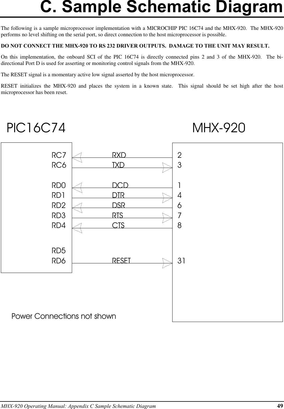 MHX-920 Operating Manual: Appendix C Sample Schematic Diagram 49C. Sample Schematic DiagramThe following is a sample microprocessor implementation with a MICROCHIP PIC 16C74 and the MHX-920.  The MHX-920performs no level shifting on the serial port, so direct connection to the host microprocessor is possible.DO NOT CONNECT THE MHX-920 TO RS 232 DRIVER OUTPUTS.  DAMAGE TO THE UNIT MAY RESULT.On this implementation, the onboard SCI of the PIC 16C74 is directly connected pins 2 and 3 of the MHX-920.  The bi-directional Port D is used for asserting or monitoring control signals from the MHX-920.The RESET signal is a momentary active low signal asserted by the host microprocessor.RESET initializes the MHX-920 and places the system in a known state.  This signal should be set high after the hostmicroprocessor has been reset.RXDTXDDCDDTRDSRRTSCTSRESETPIC16C74MHX-920231467831Power Connections not shownRC7RC6RD0RD1RD2RD3RD4RD5RD6