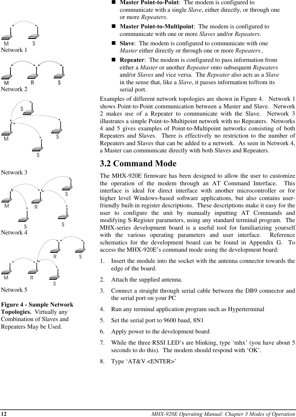 12 MHX-920E Operating Manual: Chapter 3 Modes of OperationMSNetwork 1MSRMSRNetwork 2MSSSNetwork 3MRSSSNetwork 4MRSRSNetwork 5Figure 4 - Sample NetworkTopologies.  Virtually anyCombination of Slaves andRepeaters May be Used.nMaster Point-to-Point:  The modem is configured tocommunicate with a single Slave, either directly, or through oneor more Repeaters.nMaster Point-to-Multipoint:  The modem is configured tocommunicate with one or more Slaves and/or Repeaters.nSlave:  The modem is configured to communicate with oneMaster either directly or through one or more Repeaters..nRepeater:  The modem is configured to pass information fromeither a Master or another Repeater onto subsequent Repeatersand/or Slaves and vice versa.  The Repeater also acts as a Slavein the sense that, like a Slave, it passes information to/from itsserial port.Examples of different network topologies are shown in Figure 4.   Network 1shows Point-to-Point communication between a Master and Slave.  Network2 makes use of a Repeater to communicate with the Slave.  Network 3illustrates a simple Point-to-Multipoint network with no Repeaters.  Networks4 and 5 gives examples of Point-to-Multipoint networks consisting of bothRepeaters and Slaves.  There is effectively no restriction to the number ofRepeaters and Slaves that can be added to a network.  As seen in Network 4,a Master can communicate directly with both Slaves and Repeaters.3.2 Command ModeThe MHX-920E firmware has been designed to allow the user to customizethe operation of the modem through an AT Command Interface.  Thisinterface is ideal for direct interface with another microcontroller or forhigher level Windows-based software applications, but also contains user-friendly built-in register descriptions.  These descriptions make it easy for theuser to configure the unit by manually inputting AT Commands andmodifying S-Register parameters, using any standard terminal program.  TheMHX-series development board is a useful tool for familiarizing yourselfwith the various operating parameters and user interface.  Referenceschematics for the development board can be found in Appendix G.  Toaccess the MHX-920E’s command mode using the development board:1.  Insert the module into the socket with the antenna connector towards theedge of the board.2.  Attach the supplied antenna.3.  Connect a straight through serial cable between the DB9 connector andthe serial port on your PC4.  Run any terminal application program such as Hyperterminal5.  Set the serial port to 9600 baud, 8N16.  Apply power to the development board7.  While the three RSSI LED’s are blinking, type ‘mhx’ (you have about 5seconds to do this).  The modem should respond with ‘OK’.8.  Type ‘AT&amp;V &lt;ENTER&gt;’