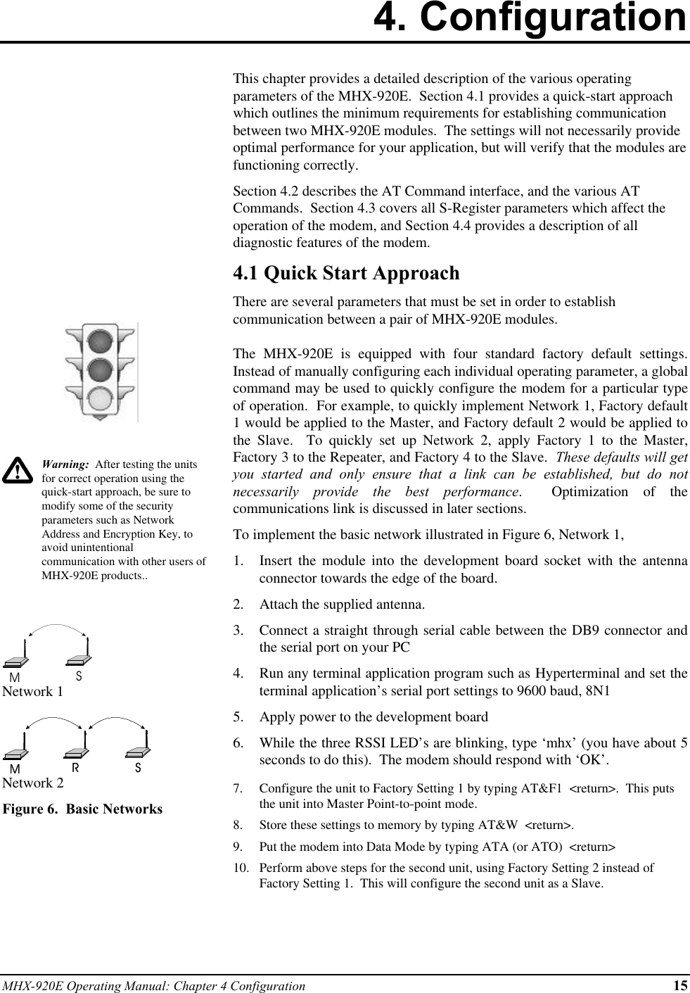 MHX-920E Operating Manual: Chapter 4 Configuration 154. ConfigurationWarning:  After testing the unitsfor correct operation using thequick-start approach, be sure tomodify some of the securityparameters such as NetworkAddress and Encryption Key, toavoid unintentionalcommunication with other users ofMHX-920E products..MSNetwork 1MSRMSRNetwork 2Figure 6.  Basic NetworksThis chapter provides a detailed description of the various operatingparameters of the MHX-920E.  Section 4.1 provides a quick-start approachwhich outlines the minimum requirements for establishing communicationbetween two MHX-920E modules.  The settings will not necessarily provideoptimal performance for your application, but will verify that the modules arefunctioning correctly.Section 4.2 describes the AT Command interface, and the various ATCommands.  Section 4.3 covers all S-Register parameters which affect theoperation of the modem, and Section 4.4 provides a description of alldiagnostic features of the modem.4.1 Quick Start ApproachThere are several parameters that must be set in order to establishcommunication between a pair of MHX-920E modules.The MHX-920E is equipped with four standard factory default settings.Instead of manually configuring each individual operating parameter, a globalcommand may be used to quickly configure the modem for a particular typeof operation.  For example, to quickly implement Network 1, Factory default1 would be applied to the Master, and Factory default 2 would be applied tothe Slave.  To quickly set up Network 2, apply Factory 1 to the Master,Factory 3 to the Repeater, and Factory 4 to the Slave.  These defaults will getyou started and only ensure that a link can be established, but do notnecessarily provide the best performance.  Optimization of thecommunications link is discussed in later sections.To implement the basic network illustrated in Figure 6, Network 1,1.  Insert the module into the development board socket with the antennaconnector towards the edge of the board.2.  Attach the supplied antenna.3.  Connect a straight through serial cable between the DB9 connector andthe serial port on your PC4.  Run any terminal application program such as Hyperterminal and set theterminal application’s serial port settings to 9600 baud, 8N15.  Apply power to the development board6.  While the three RSSI LED’s are blinking, type ‘mhx’ (you have about 5seconds to do this).  The modem should respond with ‘OK’.7.  Configure the unit to Factory Setting 1 by typing AT&amp;F1  &lt;return&gt;.  This putsthe unit into Master Point-to-point mode.8.  Store these settings to memory by typing AT&amp;W  &lt;return&gt;.9.  Put the modem into Data Mode by typing ATA (or ATO)  &lt;return&gt;10.  Perform above steps for the second unit, using Factory Setting 2 instead ofFactory Setting 1.  This will configure the second unit as a Slave.