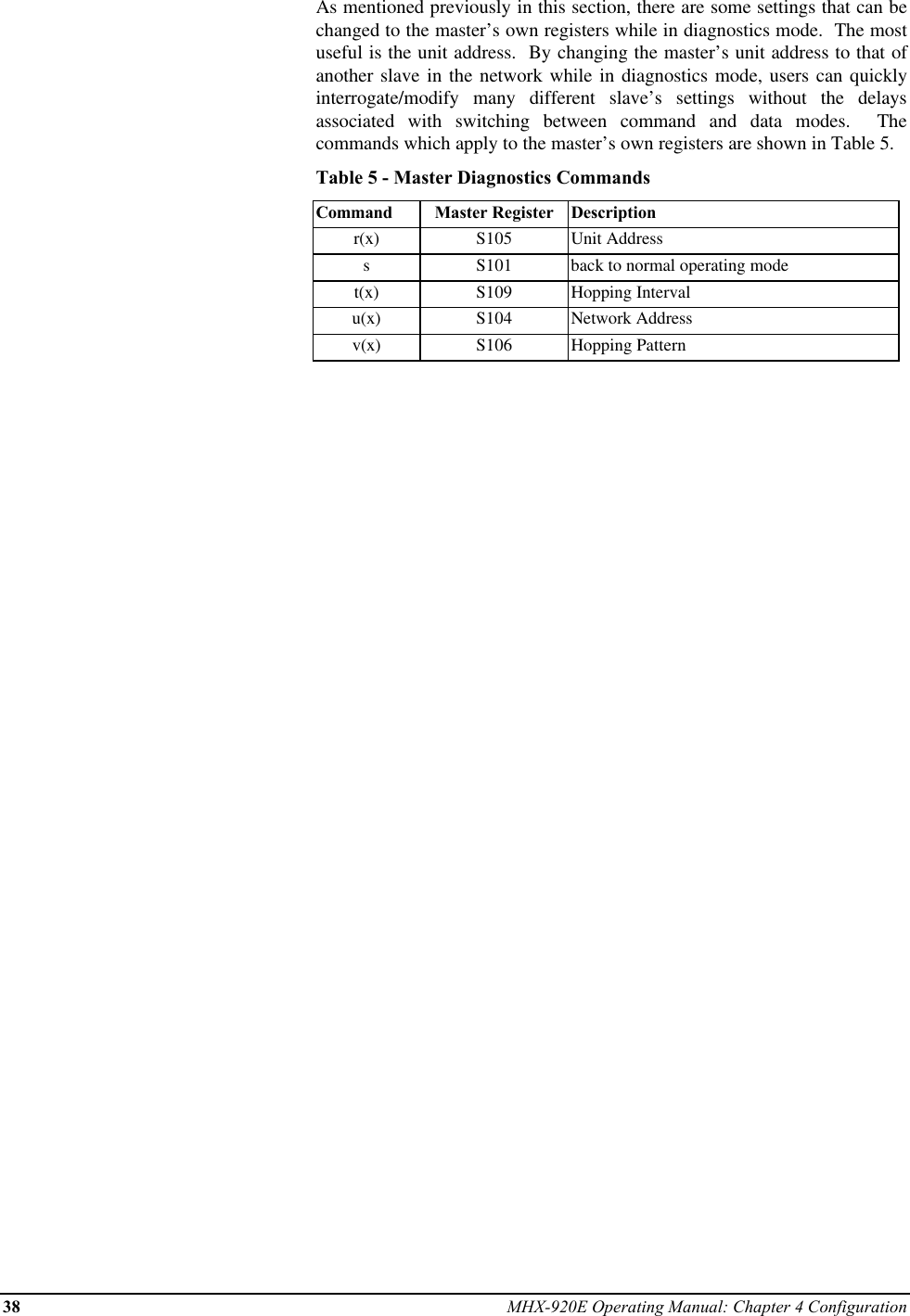 38 MHX-920E Operating Manual: Chapter 4 ConfigurationAs mentioned previously in this section, there are some settings that can bechanged to the master’s own registers while in diagnostics mode.  The mostuseful is the unit address.  By changing the master’s unit address to that ofanother slave in the network while in diagnostics mode, users can quicklyinterrogate/modify many different slave’s settings without the delaysassociated with switching between command and data modes.  Thecommands which apply to the master’s own registers are shown in Table 5.Table 5 - Master Diagnostics CommandsCommand Master Register Descriptionr(x) S105 Unit AddresssS101 back to normal operating modet(x) S109 Hopping Intervalu(x) S104 Network Addressv(x) S106 Hopping Pattern