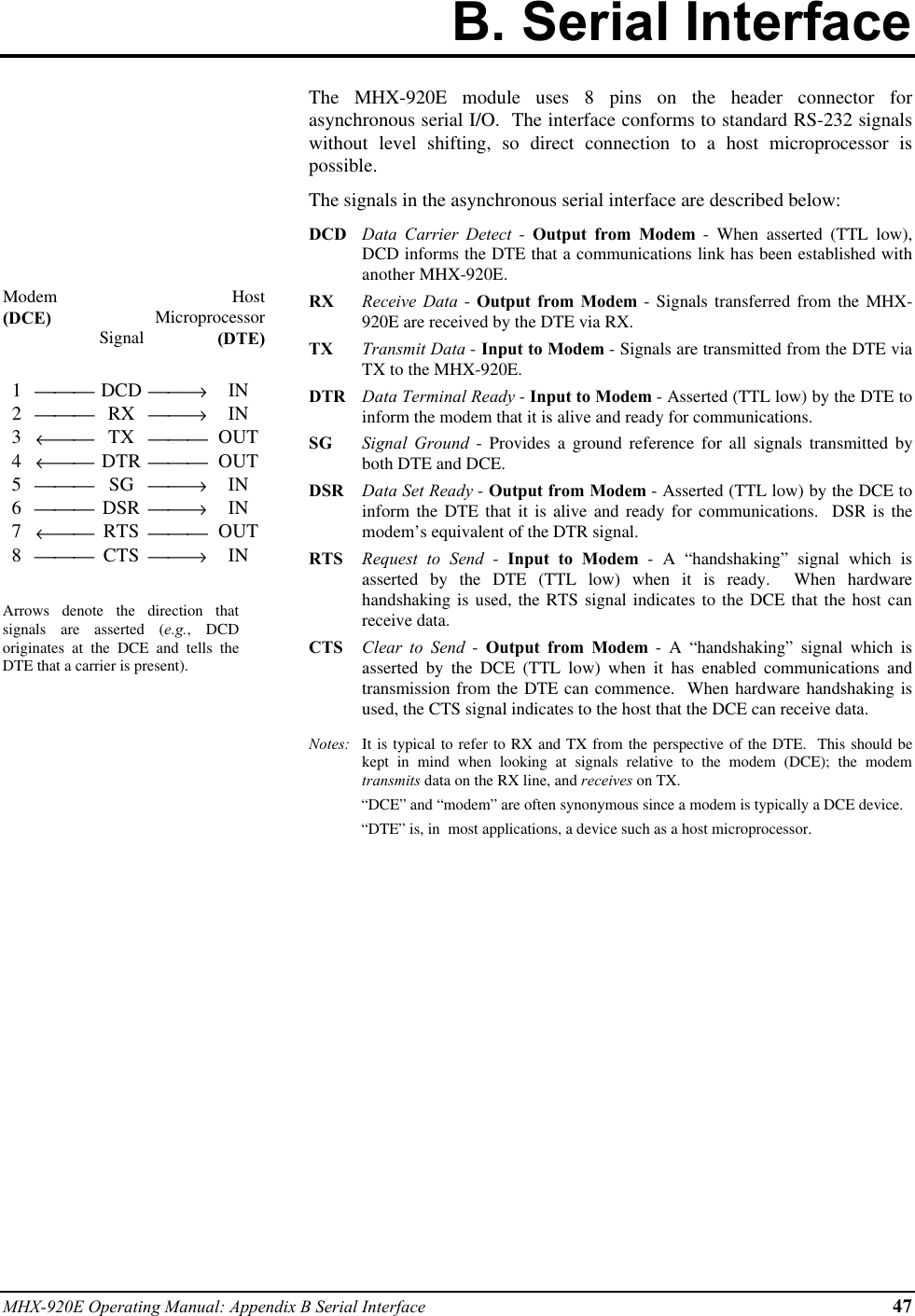 MHX-920E Operating Manual: Appendix B Serial Interface 47B. Serial InterfaceModem(DCE)SignalHostMicroprocessor(DTE)1 DCD →IN2 RX →IN3← TX  OUT4← DTR  OUT5 SG →IN6 DSR →IN7← RTS  OUT8 CTS →INArrows denote the direction thatsignals are asserted (e.g., DCDoriginates at the DCE and tells theDTE that a carrier is present).The MHX-920E module uses 8 pins on the header connector forasynchronous serial I/O.  The interface conforms to standard RS-232 signalswithout level shifting, so direct connection to a host microprocessor ispossible.The signals in the asynchronous serial interface are described below:DCD Data Carrier Detect - Output from Modem - When asserted (TTL low),DCD informs the DTE that a communications link has been established withanother MHX-920E.RX Receive Data - Output from Modem - Signals transferred from the MHX-920E are received by the DTE via RX.TX Transmit Data - Input to Modem - Signals are transmitted from the DTE viaTX to the MHX-920E.DTR Data Terminal Ready - Input to Modem - Asserted (TTL low) by the DTE toinform the modem that it is alive and ready for communications.SG Signal Ground - Provides a ground reference for all signals transmitted byboth DTE and DCE.DSR Data Set Ready - Output from Modem - Asserted (TTL low) by the DCE toinform the DTE that it is alive and ready for communications.  DSR is themodem’s equivalent of the DTR signal.RTS Request to Send - Input to Modem - A “handshaking” signal which isasserted by the DTE (TTL low) when it is ready.  When hardwarehandshaking is used, the RTS signal indicates to the DCE that the host canreceive data.CTS Clear to Send - Output from Modem - A “handshaking” signal which isasserted by the DCE (TTL low) when it has enabled communications andtransmission from the DTE can commence.  When hardware handshaking isused, the CTS signal indicates to the host that the DCE can receive data.Notes: It is typical to refer to RX and TX from the perspective of the DTE.  This should bekept in mind when looking at signals relative to the modem (DCE); the modemtransmits data on the RX line, and receives on TX.“DCE” and “modem” are often synonymous since a modem is typically a DCE device.“DTE” is, in  most applications, a device such as a host microprocessor.
