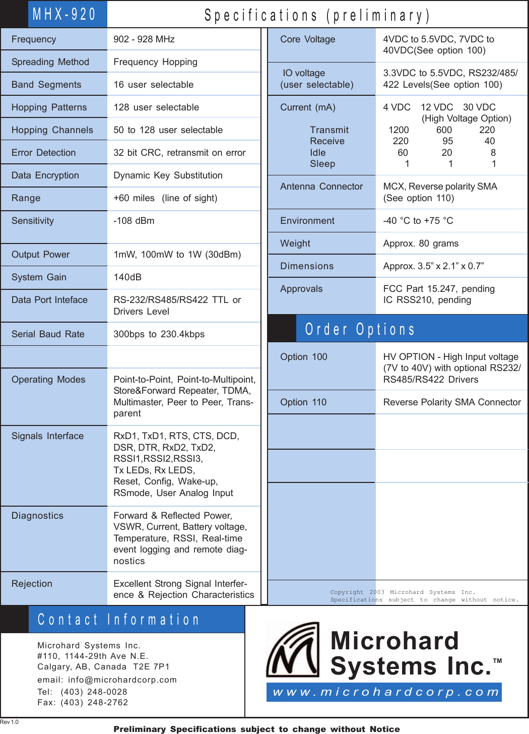 MHX-920 Specifications (preliminary)Microhard Systems Inc.#110, 1144-29th Ave N.E.Calgary, AB, Canada  T2E 7P1email: info@microhardcorp.comTel:  (403) 248-0028Fax: (403) 248-2762Contact InformationMicrohardSystems Inc.TMwww.microhardcorp.comCopyright 2003 Microhard Systems Inc.Specifications subject to change without notice.Order OptionsCore Voltage IO voltage(user selectable)Current (mA)TransmitReceiveIdleSleepAntenna ConnectorEnvironmentWeightDimensionsApprovalsOption 100Option 1104VDC to 5.5VDC, 7VDC to40VDC(See option 100)3.3VDC to 5.5VDC, RS232/485/422 Levels(See option 100)4 VDC    12 VDC    30 VDC   (High Voltage Option)  1200           600           220    220              95             40      60              20                8         1                1                1MCX, Reverse polarity SMA(See option 110)-40 °C to +75 °CApprox. 80 gramsApprox. 3.5” x 2.1” x 0.7”FCC Part 15.247, pendingIC RSS210, pendingHV OPTION - High Input voltage(7V to 40V) with optional RS232/RS485/RS422 DriversReverse Polarity SMA ConnectorFrequencySpreading MethodBand SegmentsHopping PatternsHopping ChannelsError DetectionData EncryptionRangeSensitivityOutput PowerSystem GainData Port IntefaceSerial Baud RateOperating ModesSignals InterfaceDiagnosticsRejection902 - 928 MHzFrequency Hopping16 user selectable128 user selectable50 to 128 user selectable32 bit CRC, retransmit on errorDynamic Key Substitution+60 miles  (line of sight)-108 dBm1mW, 100mW to 1W (30dBm)140dBRS-232/RS485/RS422 TTL orDrivers Level300bps to 230.4kbpsPoint-to-Point, Point-to-Multipoint,Store&amp;Forward Repeater, TDMA,Multimaster, Peer to Peer, Trans-parentRxD1, TxD1, RTS, CTS, DCD,DSR, DTR, RxD2, TxD2,RSSI1,RSSI2,RSSI3,Tx LEDs, Rx LEDS,Reset, Config, Wake-up,RSmode, User Analog InputForward &amp; Reflected Power,VSWR, Current, Battery voltage,Temperature, RSSI, Real-timeevent logging and remote diag-nosticsExcellent Strong Signal Interfer-ence &amp; Rejection CharacteristicsPreliminary Specifications subject to change without NoticeRev 1.0