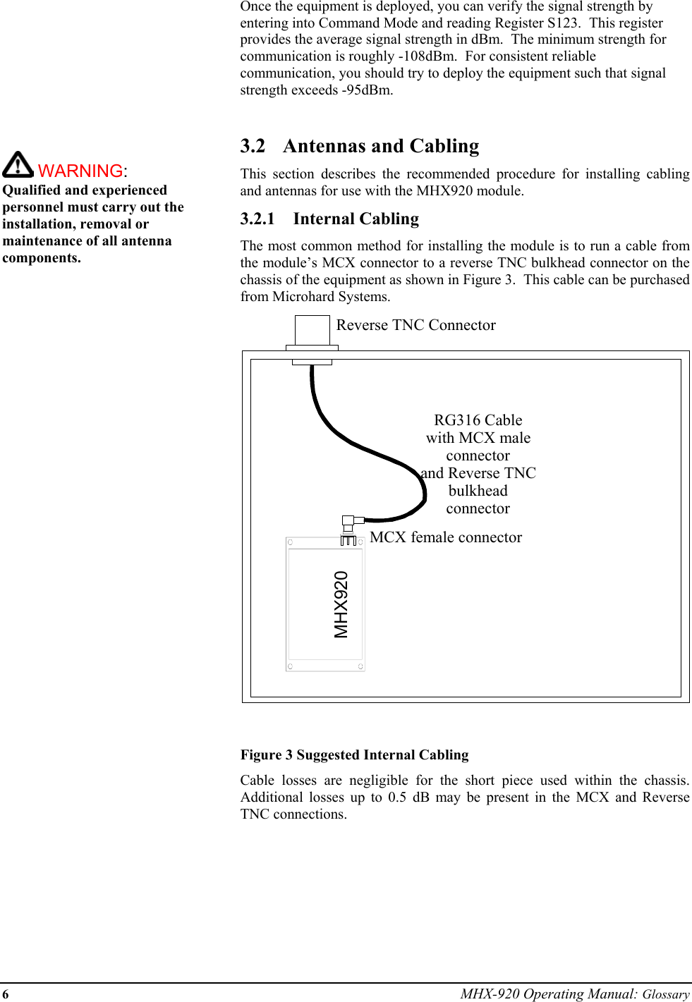 6 MHX-920 Operating Manual: Glossary        WARNING:   Qualified and experienced personnel must carry out the installation, removal or maintenance of all antenna components.Once the equipment is deployed, you can verify the signal strength by entering into Command Mode and reading Register S123.  This register provides the average signal strength in dBm.  The minimum strength for communication is roughly -108dBm.  For consistent reliable communication, you should try to deploy the equipment such that signal strength exceeds -95dBm.  3.2  Antennas and Cabling This section describes the recommended procedure for installing cabling and antennas for use with the MHX920 module. 3.2.1 Internal Cabling The most common method for installing the module is to run a cable from the module’s MCX connector to a reverse TNC bulkhead connector on the chassis of the equipment as shown in Figure 3.  This cable can be purchased from Microhard Systems.   Figure 3 Suggested Internal Cabling   Cable losses are negligible for the short piece used within the chassis.  Additional losses up to 0.5 dB may be present in the MCX and Reverse TNC connections. RG316 Cablewith MCX male connectorand Reverse TNC bulkheadconnectorReverse TNC ConnectorMCX female connectorMHX920 