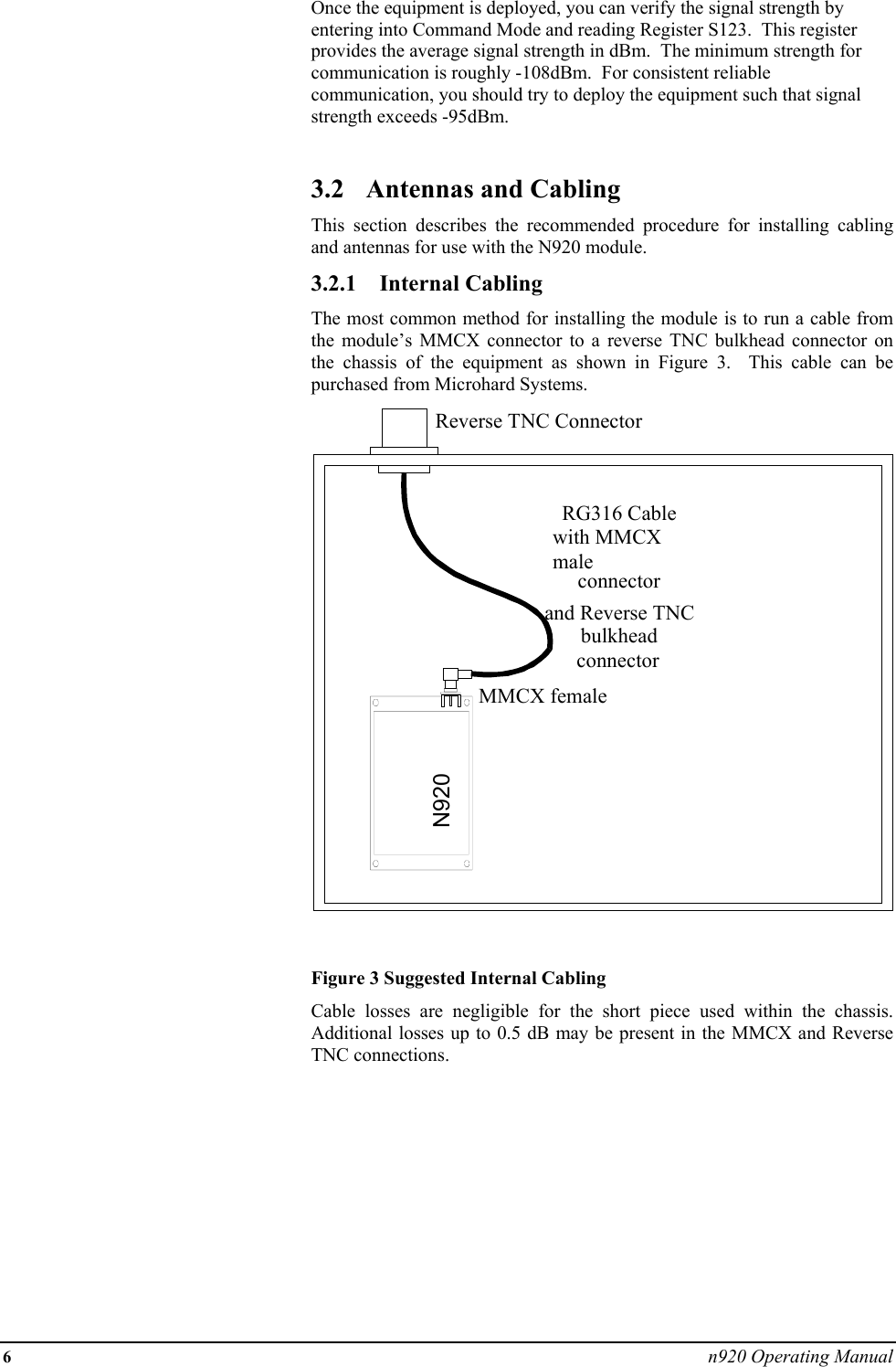 6 n920 Operating Manual       Once the equipment is deployed, you can verify the signal strength by entering into Command Mode and reading Register S123.  This register provides the average signal strength in dBm.  The minimum strength for communication is roughly -108dBm.  For consistent reliable communication, you should try to deploy the equipment such that signal strength exceeds -95dBm.  3.2  Antennas and Cabling This section describes the recommended procedure for installing cabling and antennas for use with the N920 module. 3.2.1 Internal Cabling The most common method for installing the module is to run a cable from the module’s MMCX connector to a reverse TNC bulkhead connector on the chassis of the equipment as shown in Figure 3.  This cable can be purchased from Microhard Systems.   Figure 3 Suggested Internal Cabling   Cable losses are negligible for the short piece used within the chassis.  Additional losses up to 0.5 dB may be present in the MMCX and Reverse TNC connections. RG316 Cablewith MMCX  male connectorand Reverse TNCbulkheadconnectorReverse TNC ConnectorMMCX female N920 