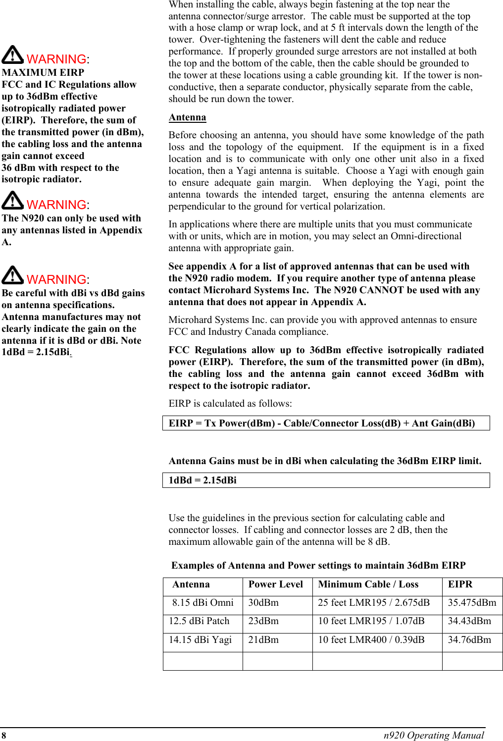 8 n920 Operating Manual      WARNING: MAXIMUM EIRP FCC and IC Regulations allow up to 36dBm effective isotropically radiated power (EIRP).  Therefore, the sum of the transmitted power (in dBm), the cabling loss and the antenna gain cannot exceed  36 dBm with respect to the isotropic radiator.    WARNING: The N920 can only be used with any antennas listed in Appendix A.   WARNING: Be careful with dBi vs dBd gains on antenna specifications.  Antenna manufactures may not clearly indicate the gain on the antenna if it is dBd or dBi. Note 1dBd = 2.15dBi.When installing the cable, always begin fastening at the top near the antenna connector/surge arrestor.  The cable must be supported at the top with a hose clamp or wrap lock, and at 5 ft intervals down the length of the tower.  Over-tightening the fasteners will dent the cable and reduce performance.  If properly grounded surge arrestors are not installed at both the top and the bottom of the cable, then the cable should be grounded to the tower at these locations using a cable grounding kit.  If the tower is non-conductive, then a separate conductor, physically separate from the cable, should be run down the tower. Antenna Before choosing an antenna, you should have some knowledge of the path loss and the topology of the equipment.  If the equipment is in a fixed location and is to communicate with only one other unit also in a fixed location, then a Yagi antenna is suitable.  Choose a Yagi with enough gain to ensure adequate gain margin.  When deploying the Yagi, point the antenna towards the intended target, ensuring the antenna elements are perpendicular to the ground for vertical polarization. In applications where there are multiple units that you must communicate with or units, which are in motion, you may select an Omni-directional antenna with appropriate gain. See appendix A for a list of approved antennas that can be used with the N920 radio modem.  If you require another type of antenna please contact Microhard Systems Inc.  The N920 CANNOT be used with any antenna that does not appear in Appendix A.  Microhard Systems Inc. can provide you with approved antennas to ensure FCC and Industry Canada compliance. FCC Regulations allow up to 36dBm effective isotropically radiated power (EIRP).  Therefore, the sum of the transmitted power (in dBm), the cabling loss and the antenna gain cannot exceed 36dBm with respect to the isotropic radiator. EIRP is calculated as follows: EIRP = Tx Power(dBm) - Cable/Connector Loss(dB) + Ant Gain(dBi)  Antenna Gains must be in dBi when calculating the 36dBm EIRP limit.  1dBd = 2.15dBi  Use the guidelines in the previous section for calculating cable and connector losses.  If cabling and connector losses are 2 dB, then the maximum allowable gain of the antenna will be 8 dB.     Examples of Antenna and Power settings to maintain 36dBm EIRP   Antenna  Power Level  Minimum Cable / Loss  EIPR   8.15 dBi Omni  30dBm  25 feet LMR195 / 2.675dB  35.475dBm 12.5 dBi Patch  23dBm  10 feet LMR195 / 1.07dB  34.43dBm 14.15 dBi Yagi  21dBm  10 feet LMR400 / 0.39dB  34.76dBm        