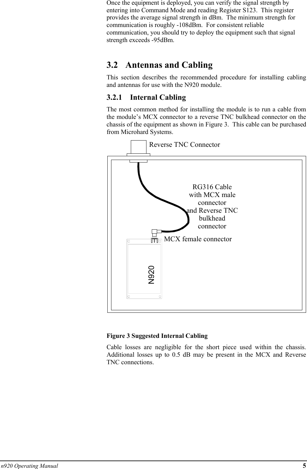 n920 Operating Manual 5       Once the equipment is deployed, you can verify the signal strength by entering into Command Mode and reading Register S123.  This register provides the average signal strength in dBm.  The minimum strength for communication is roughly -108dBm.  For consistent reliable communication, you should try to deploy the equipment such that signal strength exceeds -95dBm.  3.2  Antennas and Cabling This section describes the recommended procedure for installing cabling and antennas for use with the N920 module. 3.2.1 Internal Cabling The most common method for installing the module is to run a cable from the module’s MCX connector to a reverse TNC bulkhead connector on the chassis of the equipment as shown in Figure 3.  This cable can be purchased from Microhard Systems.   Figure 3 Suggested Internal Cabling   Cable losses are negligible for the short piece used within the chassis.  Additional losses up to 0.5 dB may be present in the MCX and Reverse TNC connections. RG316 Cablewith MCX maleconnectorand Reverse TNCbulkheadconnectorReverse TNC ConnectorMCX female connectorN920 