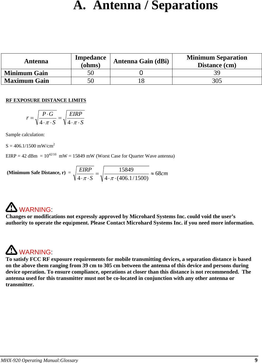 MHX-920 Operating Manual:Glossary 9  A. Antenna / Separations       Antenna Impedance (ohms)  Antenna Gain (dBi) Minimum Separation Distance (cm) Minimum Gain 50  0  39 Maximum Gain 50 18 305   RF EXPOSURE DISTANCE LIMITS  SEIRPSGPr⋅⋅=⋅⋅⋅=ππ44   Sample calculation:  S = 406.1/1500 mW/cm2   EIRP = 42 dBm  = 1042/10  mW = 15849 mW (Worst Case for Quarter Wave antenna)   (Minimum Safe Distance, r)  =  cmSEIRP 68)1500/1.406(4158494≈⋅⋅=⋅⋅ππ     WARNING:   Changes or modifications not expressly approved by Microhard Systems Inc. could void the user’s authority to operate the equipment. Please Contact Microhard Systems Inc. if you need more information.     WARNING:   To satisfy FCC RF exposure requirements for mobile transmitting devices, a separation distance is based on the above them ranging from 39 cm to 305 cm between the antenna of this device and persons during device operation. To ensure compliance, operations at closer than this distance is not recommended.  The antenna used for this transmitter must not be co-located in conjunction with any other antenna or transmitter.      