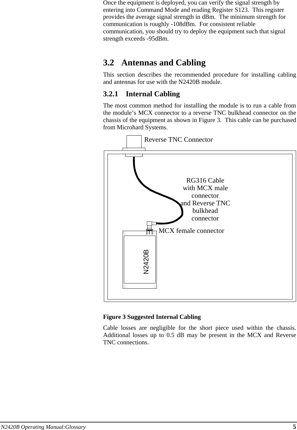 N2420B Operating Manual:Glossary 5       Once the equipment is deployed, you can verify the signal strength by entering into Command Mode and reading Register S123.  This register provides the average signal strength in dBm.  The minimum strength for communication is roughly -108dBm.  For consistent reliable communication, you should try to deploy the equipment such that signal strength exceeds -95dBm.  3.2 Antennas and Cabling This section describes the recommended procedure for installing cabling and antennas for use with the N2420B module. 3.2.1 Internal Cabling The most common method for installing the module is to run a cable from the module’s MCX connector to a reverse TNC bulkhead connector on the chassis of the equipment as shown in Figure 3.  This cable can be purchased from Microhard Systems.   Figure 3 Suggested Internal Cabling   Cable losses are negligible for the short piece used within the chassis.  Additional losses up to 0.5 dB may be present in the MCX and Reverse TNC connections. RG316 Cablewith MCX maleconnectorand Reverse TNCbulkheadconnectorReverse TNC ConnectorMCX female connectorN2420B 