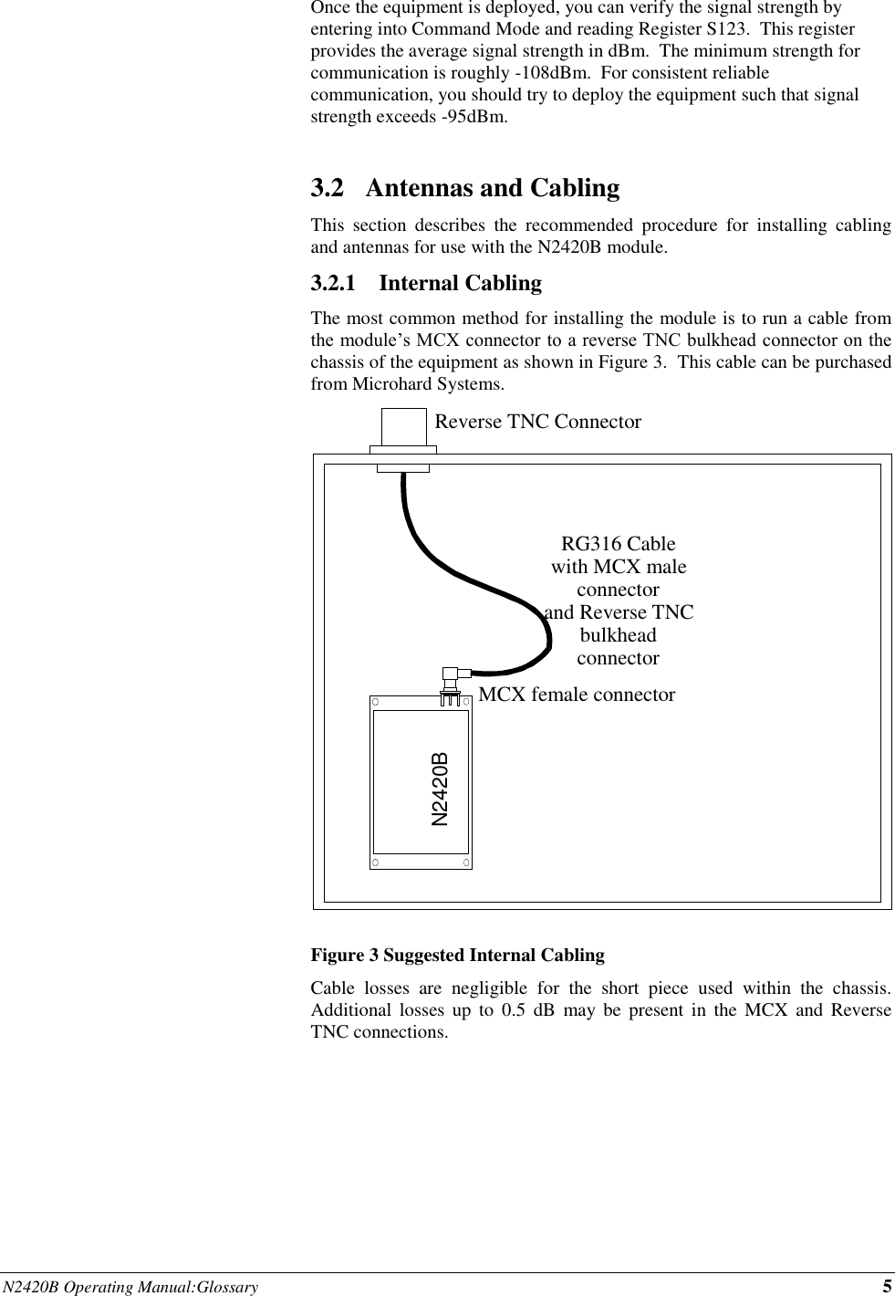 N2420B Operating Manual:Glossary 5       Once the equipment is deployed, you can verify the signal strength by entering into Command Mode and reading Register S123.  This register provides the average signal strength in dBm.  The minimum strength for communication is roughly -108dBm.  For consistent reliable communication, you should try to deploy the equipment such that signal strength exceeds -95dBm.  3.2 Antennas and Cabling This  section  describes  the  recommended  procedure  for  installing  cabling and antennas for use with the N2420B module. 3.2.1 Internal Cabling The most common method for installing the module is to run a cable from the module’s MCX connector to a reverse TNC bulkhead connector on the chassis of the equipment as shown in Figure 3.  This cable can be purchased from Microhard Systems.   Figure 3 Suggested Internal Cabling   Cable  losses  are  negligible  for  the  short  piece  used  within  the  chassis.  Additional  losses  up  to  0.5  dB  may be present in the MCX and Reverse TNC connections. RG316 Cable  with MCX male connector and Reverse TNC bulkhead connector  Reverse TNC Connector MCX female connector N2420B 