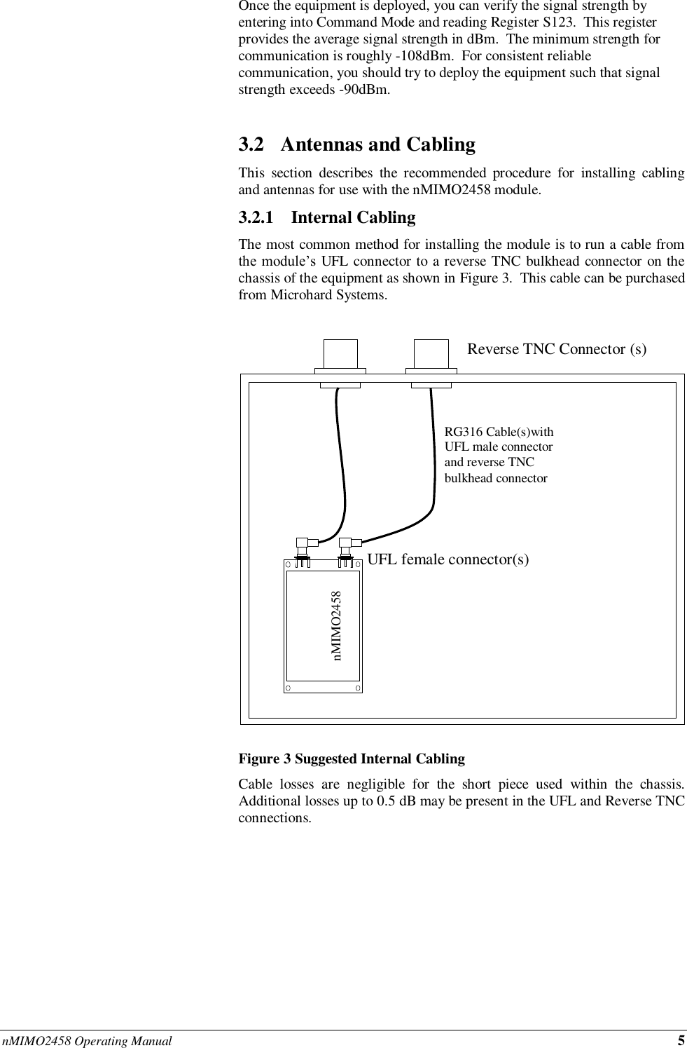 nMIMO2458 Operating Manual 5       Once the equipment is deployed, you can verify the signal strength by entering into Command Mode and reading Register S123.  This register provides the average signal strength in dBm.  The minimum strength for communication is roughly -108dBm.  For consistent reliable communication, you should try to deploy the equipment such that signal strength exceeds -90dBm.  3.2 Antennas and Cabling This  section  describes  the  recommended  procedure  for  installing  cabling and antennas for use with the nMIMO2458 module. 3.2.1 Internal Cabling The most common method for installing the module is to run a cable from the module’s UFL connector to a reverse TNC bulkhead connector on the chassis of the equipment as shown in Figure 3.  This cable can be purchased from Microhard Systems.    Figure 3 Suggested Internal Cabling   Cable  losses  are  negligible  for  the  short  piece  used  within  the  chassis.  Additional losses up to 0.5 dB may be present in the UFL and Reverse TNC connections. RG316 Cable(s)with UFL male connector and reverse TNC bulkhead connector Reverse TNC Connector (s) UFL female connector(s) nMIMO2458 