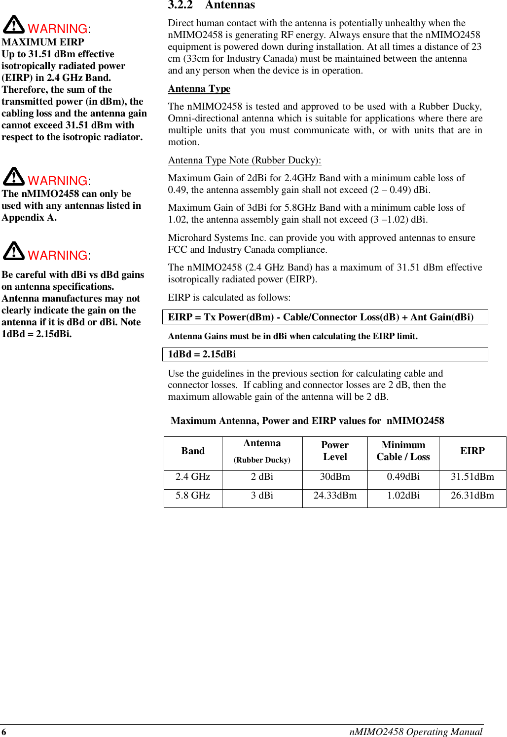 6 nMIMO2458 Operating Manual   WARNING: MAXIMUM EIRP Up to 31.51 dBm effective isotropically radiated power (EIRP) in 2.4 GHz Band.  Therefore, the sum of the transmitted power (in dBm), the cabling loss and the antenna gain cannot exceed 31.51 dBm with respect to the isotropic radiator.     WARNING: The nMIMO2458 can only be used with any antennas listed in Appendix A.   WARNING: Be careful with dBi vs dBd gains on antenna specifications.  Antenna manufactures may not clearly indicate the gain on the antenna if it is dBd or dBi. Note 1dBd = 2.15dBi.3.2.2  Antennas  Direct human contact with the antenna is potentially unhealthy when the nMIMO2458 is generating RF energy. Always ensure that the nMIMO2458 equipment is powered down during installation. At all times a distance of 23 cm (33cm for Industry Canada) must be maintained between the antenna and any person when the device is in operation. Antenna Type The nMIMO2458 is tested and approved to be used with a Rubber Ducky, Omni-directional antenna which is suitable for applications where there are multiple  units  that  you  must communicate  with,  or  with  units that are  in motion. Antenna Type Note (Rubber Ducky):  Maximum Gain of 2dBi for 2.4GHz Band with a minimum cable loss of 0.49, the antenna assembly gain shall not exceed (2 – 0.49) dBi.  Maximum Gain of 3dBi for 5.8GHz Band with a minimum cable loss of 1.02, the antenna assembly gain shall not exceed (3 –1.02) dBi. Microhard Systems Inc. can provide you with approved antennas to ensure FCC and Industry Canada compliance. The nMIMO2458 (2.4 GHz Band) has a maximum of 31.51 dBm effective isotropically radiated power (EIRP).   EIRP is calculated as follows: EIRP = Tx Power(dBm) - Cable/Connector Loss(dB) + Ant Gain(dBi) Antenna Gains must be in dBi when calculating the EIRP limit.  1dBd = 2.15dBi Use the guidelines in the previous section for calculating cable and connector losses.  If cabling and connector losses are 2 dB, then the maximum allowable gain of the antenna will be 2 dB.     Maximum Antenna, Power and EIRP values for  nMIMO2458   Band Antenna (Rubber Ducky) Power Level Minimum Cable / Loss EIRP 2.4 GHz 2 dBi 30dBm 0.49dBi 31.51dBm 5.8 GHz 3 dBi 24.33dBm 1.02dBi 26.31dBm 