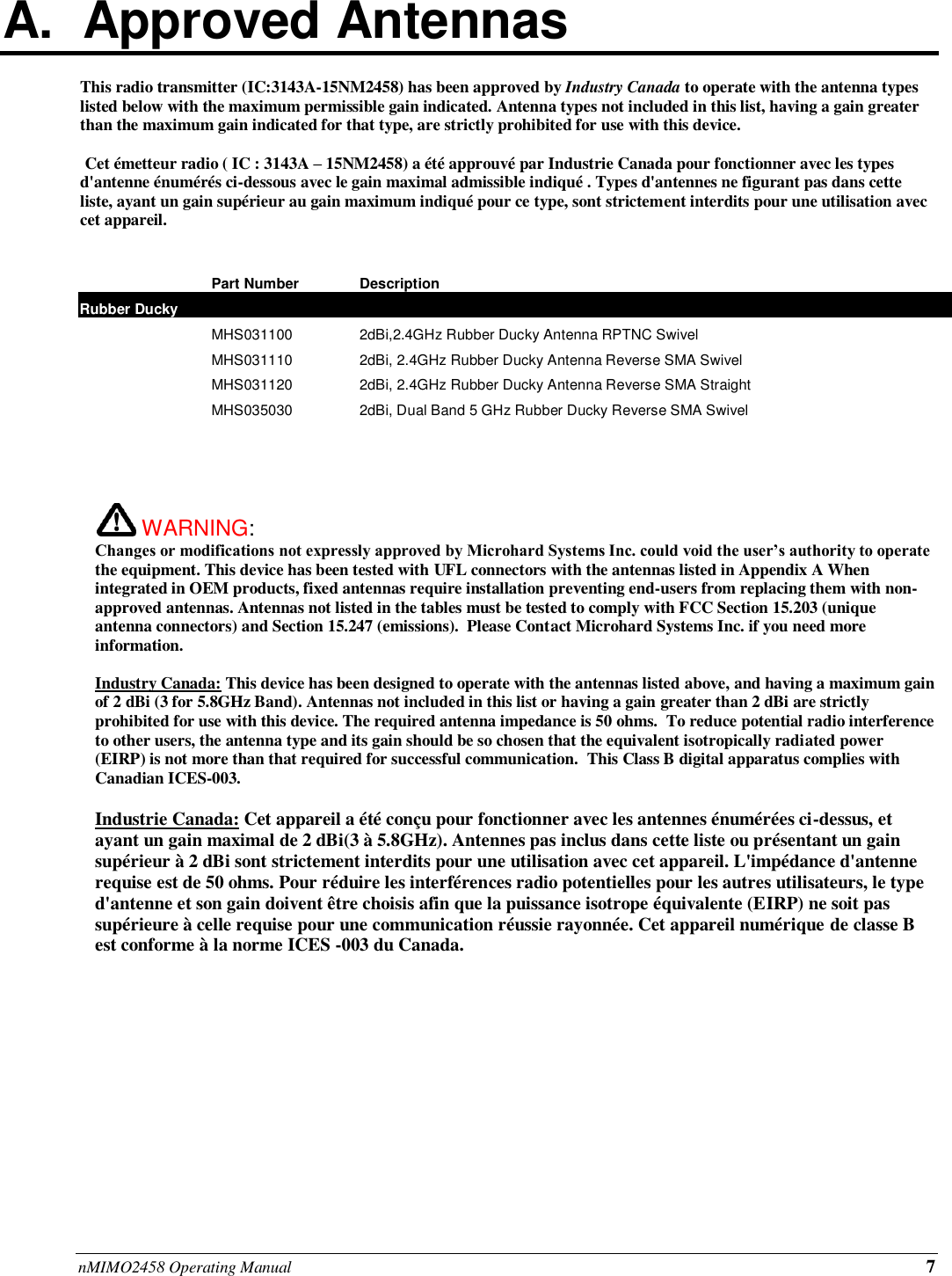 nMIMO2458 Operating Manual 7 A.  Approved Antennas  This radio transmitter (IC:3143A-15NM2458) has been approved by Industry Canada to operate with the antenna types listed below with the maximum permissible gain indicated. Antenna types not included in this list, having a gain greater than the maximum gain indicated for that type, are strictly prohibited for use with this device.   Cet émetteur radio ( IC : 3143A – 15NM2458) a été approuvé par Industrie Canada pour fonctionner avec les types d&apos;antenne énumérés ci-dessous avec le gain maximal admissible indiqué . Types d&apos;antennes ne figurant pas dans cette liste, ayant un gain supérieur au gain maximum indiqué pour ce type, sont strictement interdits pour une utilisation avec cet appareil.    Part Number Description Rubber Ducky      MHS031100 2dBi,2.4GHz Rubber Ducky Antenna RPTNC Swivel  MHS031110 2dBi, 2.4GHz Rubber Ducky Antenna Reverse SMA Swivel  MHS031120 2dBi, 2.4GHz Rubber Ducky Antenna Reverse SMA Straight  MHS035030 2dBi, Dual Band 5 GHz Rubber Ducky Reverse SMA Swivel                  WARNING:   Changes or modifications not expressly approved by Microhard Systems Inc. could void the user’s authority to operate the equipment. This device has been tested with UFL connectors with the antennas listed in Appendix A When integrated in OEM products, fixed antennas require installation preventing end-users from replacing them with non-approved antennas. Antennas not listed in the tables must be tested to comply with FCC Section 15.203 (unique antenna connectors) and Section 15.247 (emissions).  Please Contact Microhard Systems Inc. if you need more information.  Industry Canada: This device has been designed to operate with the antennas listed above, and having a maximum gain of 2 dBi (3 for 5.8GHz Band). Antennas not included in this list or having a gain greater than 2 dBi are strictly prohibited for use with this device. The required antenna impedance is 50 ohms.  To reduce potential radio interference to other users, the antenna type and its gain should be so chosen that the equivalent isotropically radiated power (EIRP) is not more than that required for successful communication.  This Class B digital apparatus complies with Canadian ICES-003.  Industrie Canada: Cet appareil a été conçu pour fonctionner avec les antennes énumérées ci-dessus, et ayant un gain maximal de 2 dBi(3 à 5.8GHz). Antennes pas inclus dans cette liste ou présentant un gain supérieur à 2 dBi sont strictement interdits pour une utilisation avec cet appareil. L&apos;impédance d&apos;antenne requise est de 50 ohms. Pour réduire les interférences radio potentielles pour les autres utilisateurs, le type d&apos;antenne et son gain doivent être choisis afin que la puissance isotrope équivalente (EIRP) ne soit pas supérieure à celle requise pour une communication réussie rayonnée. Cet appareil numérique de classe B est conforme à la norme ICES -003 du Canada. 