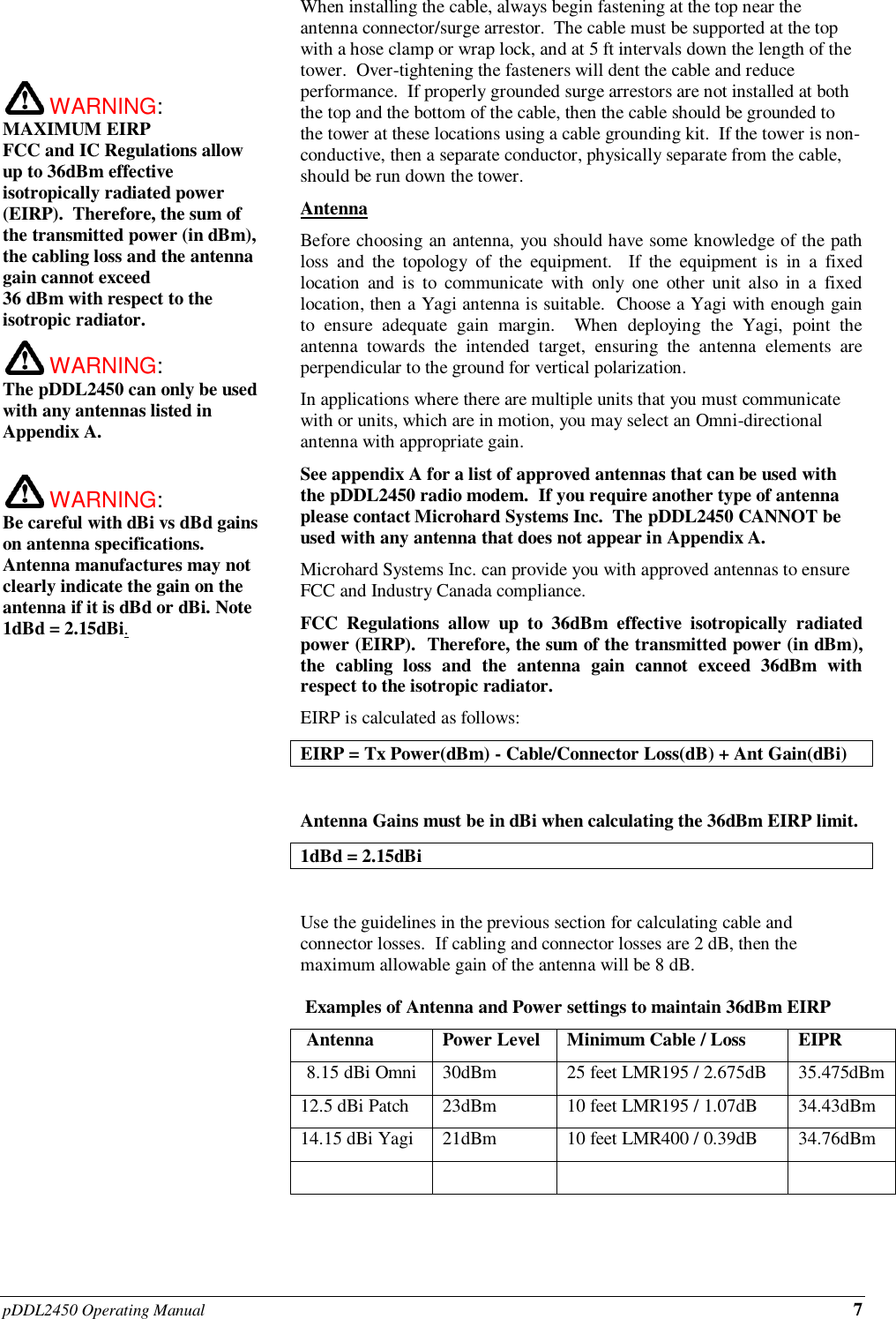 pDDL2450 Operating Manual 7      WARNING: MAXIMUM EIRP FCC and IC Regulations allow up to 36dBm effective isotropically radiated power (EIRP).  Therefore, the sum of the transmitted power (in dBm), the cabling loss and the antenna gain cannot exceed  36 dBm with respect to the isotropic radiator.    WARNING: The pDDL2450 can only be used with any antennas listed in Appendix A.   WARNING: Be careful with dBi vs dBd gains on antenna specifications.  Antenna manufactures may not clearly indicate the gain on the antenna if it is dBd or dBi. Note 1dBd = 2.15dBi.When installing the cable, always begin fastening at the top near the antenna connector/surge arrestor.  The cable must be supported at the top with a hose clamp or wrap lock, and at 5 ft intervals down the length of the tower.  Over-tightening the fasteners will dent the cable and reduce performance.  If properly grounded surge arrestors are not installed at both the top and the bottom of the cable, then the cable should be grounded to the tower at these locations using a cable grounding kit.  If the tower is non-conductive, then a separate conductor, physically separate from the cable, should be run down the tower. Antenna Before choosing an antenna, you should have some knowledge of the path loss  and  the  topology  of  the  equipment.    If  the  equipment  is  in  a  fixed location  and  is  to  communicate  with  only  one  other  unit  also  in  a  fixed location, then a Yagi antenna is suitable.  Choose a Yagi with enough gain to  ensure  adequate  gain  margin.    When  deploying  the  Yagi,  point  the antenna  towards  the  intended  target,  ensuring  the  antenna  elements  are perpendicular to the ground for vertical polarization. In applications where there are multiple units that you must communicate with or units, which are in motion, you may select an Omni-directional antenna with appropriate gain. See appendix A for a list of approved antennas that can be used with the pDDL2450 radio modem.  If you require another type of antenna please contact Microhard Systems Inc.  The pDDL2450 CANNOT be used with any antenna that does not appear in Appendix A.  Microhard Systems Inc. can provide you with approved antennas to ensure FCC and Industry Canada compliance. FCC  Regulations  allow  up  to  36dBm  effective  isotropically radiated power (EIRP).  Therefore, the sum of the transmitted power (in dBm), the  cabling  loss  and  the  antenna  gain  cannot  exceed  36dBm  with respect to the isotropic radiator. EIRP is calculated as follows: EIRP = Tx Power(dBm) - Cable/Connector Loss(dB) + Ant Gain(dBi)  Antenna Gains must be in dBi when calculating the 36dBm EIRP limit.  1dBd = 2.15dBi  Use the guidelines in the previous section for calculating cable and connector losses.  If cabling and connector losses are 2 dB, then the maximum allowable gain of the antenna will be 8 dB.     Examples of Antenna and Power settings to maintain 36dBm EIRP   Antenna Power Level Minimum Cable / Loss EIPR   8.15 dBi Omni 30dBm 25 feet LMR195 / 2.675dB 35.475dBm 12.5 dBi Patch 23dBm 10 feet LMR195 / 1.07dB 34.43dBm 14.15 dBi Yagi 21dBm 10 feet LMR400 / 0.39dB 34.76dBm       