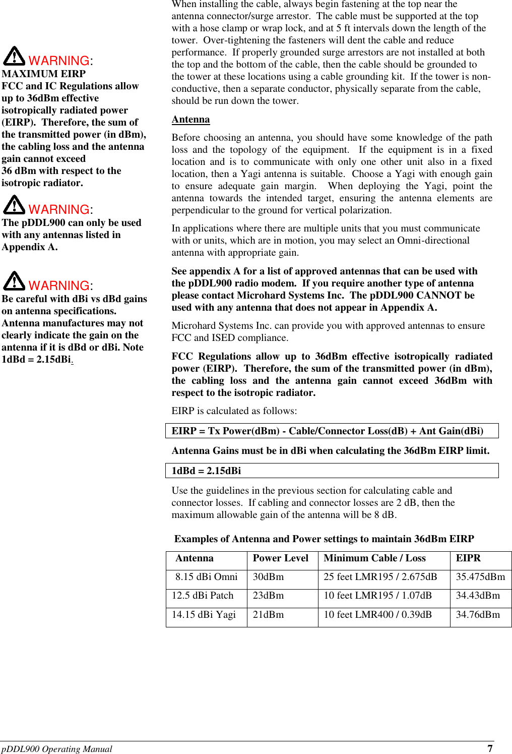 pDDL900 Operating Manual 7      WARNING: MAXIMUM EIRP FCC and IC Regulations allow up to 36dBm effective isotropically radiated power (EIRP).  Therefore, the sum of the transmitted power (in dBm), the cabling loss and the antenna gain cannot exceed  36 dBm with respect to the isotropic radiator.    WARNING: The pDDL900 can only be used with any antennas listed in Appendix A.   WARNING: Be careful with dBi vs dBd gains on antenna specifications.  Antenna manufactures may not clearly indicate the gain on the antenna if it is dBd or dBi. Note 1dBd = 2.15dBi.When installing the cable, always begin fastening at the top near the antenna connector/surge arrestor.  The cable must be supported at the top with a hose clamp or wrap lock, and at 5 ft intervals down the length of the tower.  Over-tightening the fasteners will dent the cable and reduce performance.  If properly grounded surge arrestors are not installed at both the top and the bottom of the cable, then the cable should be grounded to the tower at these locations using a cable grounding kit.  If the tower is non-conductive, then a separate conductor, physically separate from the cable, should be run down the tower. Antenna Before choosing an antenna, you should have some knowledge of the path loss  and  the  topology  of  the  equipment.    If  the  equipment  is  in  a  fixed location  and  is  to  communicate  with  only  one  other  unit  also  in  a  fixed location, then a Yagi antenna is suitable.  Choose a Yagi with enough gain to  ensure  adequate  gain  margin.    When  deploying  the  Yagi,  point  the antenna  towards  the  intended  target,  ensuring  the  antenna  elements  are perpendicular to the ground for vertical polarization. In applications where there are multiple units that you must communicate with or units, which are in motion, you may select an Omni-directional antenna with appropriate gain. See appendix A for a list of approved antennas that can be used with the pDDL900 radio modem.  If you require another type of antenna please contact Microhard Systems Inc.  The pDDL900 CANNOT be used with any antenna that does not appear in Appendix A.  Microhard Systems Inc. can provide you with approved antennas to ensure FCC and ISED compliance. FCC  Regulations  allow  up  to  36dBm  effective  isotropically radiated power (EIRP).  Therefore, the sum of the transmitted power (in dBm), the  cabling  loss  and  the  antenna  gain  cannot  exceed  36dBm  with respect to the isotropic radiator. EIRP is calculated as follows: EIRP = Tx Power(dBm) - Cable/Connector Loss(dB) + Ant Gain(dBi) Antenna Gains must be in dBi when calculating the 36dBm EIRP limit.  1dBd = 2.15dBi Use the guidelines in the previous section for calculating cable and connector losses.  If cabling and connector losses are 2 dB, then the maximum allowable gain of the antenna will be 8 dB.     Examples of Antenna and Power settings to maintain 36dBm EIRP   Antenna Power Level Minimum Cable / Loss EIPR   8.15 dBi Omni 30dBm 25 feet LMR195 / 2.675dB 35.475dBm 12.5 dBi Patch 23dBm 10 feet LMR195 / 1.07dB 34.43dBm 14.15 dBi Yagi 21dBm 10 feet LMR400 / 0.39dB 34.76dBm   