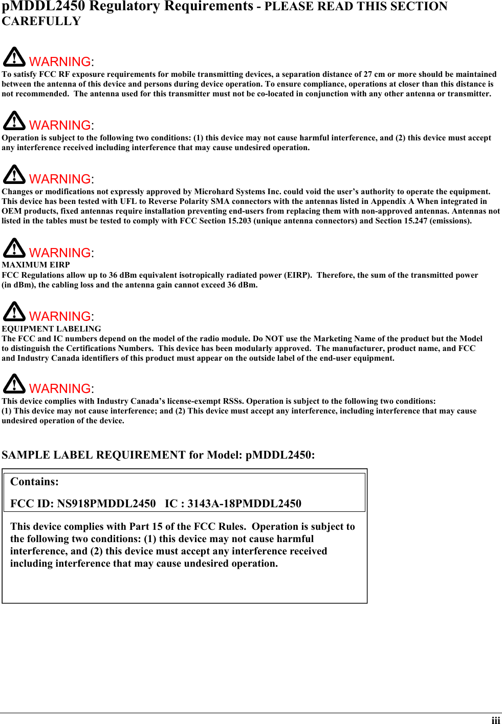 Page 3 of Microhard Systems 18PMDDL2450 2X2 MIMO 2.4 GHz OEM DDL Module (1W) User Manual pDDL2450manualREV0 27 FCC