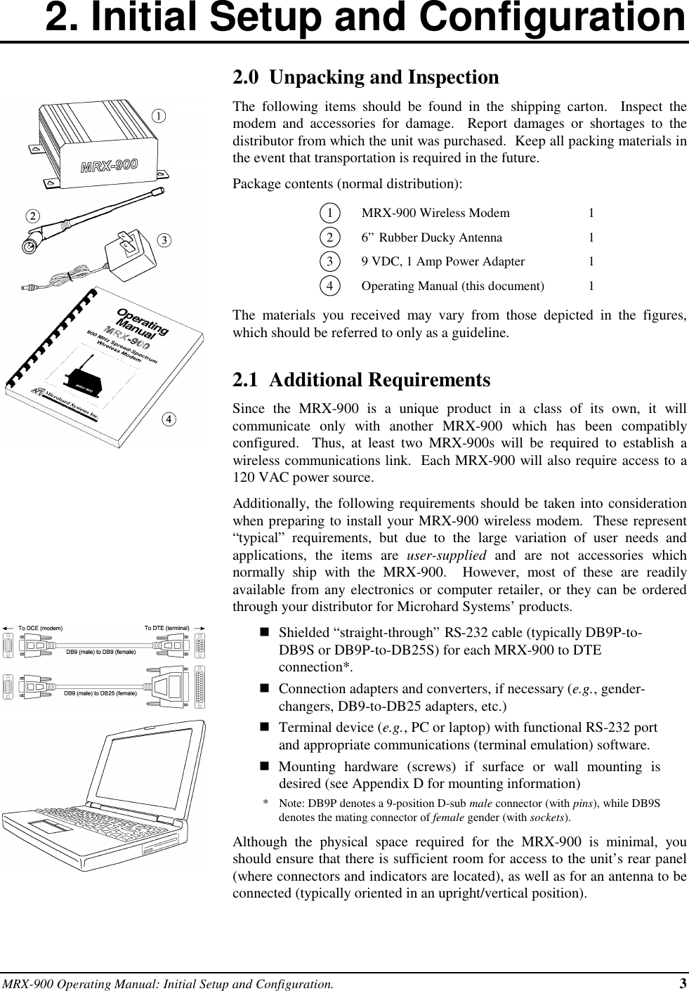 MRX-900 Operating Manual: Initial Setup and Configuration. 32. Initial Setup and Configuration2.0  Unpacking and InspectionThe following items should be found in the shipping carton.  Inspect themodem and accessories for damage.  Report damages or shortages to thedistributor from which the unit was purchased.  Keep all packing materials inthe event that transportation is required in the future.Package contents (normal distribution):1MRX-900 Wireless Modem 12 6” Rubber Ducky Antenna 139 VDC, 1 Amp Power Adapter 14Operating Manual (this document) 1The materials you received may vary from those depicted in the figures,which should be referred to only as a guideline.2.1  Additional RequirementsSince the MRX-900 is a unique product in a class of its own, it willcommunicate only with another MRX-900 which has been compatiblyconfigured.  Thus, at least two MRX-900s will be required to establish awireless communications link.  Each MRX-900 will also require access to a120 VAC power source.Additionally, the following requirements should be taken into considerationwhen preparing to install your MRX-900 wireless modem.  These represent“typical” requirements, but due to the large variation of user needs andapplications, the items are user-supplied and are not accessories whichnormally ship with the MRX-900.  However, most of these are readilyavailable from any electronics or computer retailer, or they can be orderedthrough your distributor for Microhard Systems’ products.nShielded “straight-through” RS-232 cable (typically DB9P-to-DB9S or DB9P-to-DB25S) for each MRX-900 to DTEconnection*.nConnection adapters and converters, if necessary (e.g., gender-changers, DB9-to-DB25 adapters, etc.)nTerminal device (e.g., PC or laptop) with functional RS-232 portand appropriate communications (terminal emulation) software.n Mounting hardware (screws) if surface or wall mounting isdesired (see Appendix D for mounting information) *Note: DB9P denotes a 9-position D-sub male connector (with pins), while DB9Sdenotes the mating connector of female gender (with sockets).Although the physical space required for the MRX-900 is minimal, youshould ensure that there is sufficient room for access to the unit’s rear panel(where connectors and indicators are located), as well as for an antenna to beconnected (typically oriented in an upright/vertical position).