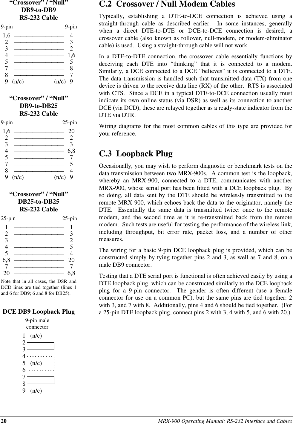 20 MRX-900 Operating Manual: RS-232 Interface and Cables“Crossover” / “Null”DB9-to-DB9RS-232 Cable9-pin 9-pin1,64233241,65578879(n/c)(n/c)9“Crossover” / “Null”DB9-to-DB25RS-232 Cable9-pin 25-pin1,620223346,85775849(n/c)(n/c)9“Crossover” / “Null”DB25-to-DB25RS-232 Cable25-pin 25-pin11233245546,82077206,8Note that in all cases, the DSR andDCD lines are tied together (lines 1and 6 for DB9; 6 and 8 for DB25).DCE DB9 Loopback Plug9-pin maleconnector1(n/c)2345(n/c)6789(n/c)C.2  Crossover / Null Modem CablesTypically, establishing a DTE-to-DCE connection is achieved using astraight-through cable as described earlier.  In some instances, generallywhen a direct DTE-to-DTE or DCE-to-DCE connection is desired, acrossover cable (also known as rollover, null-modem, or modem-eliminatorcable) is used.  Using a straight-through cable will not workIn a DTE-to-DTE connection, the crossover cable essentially functions bydeceiving each DTE into “thinking” that it is connected to a modem.Similarly, a DCE connected to a DCE “believes” it is connected to a DTE.The data transmission is handled such that transmitted data (TX) from onedevice is driven to the receive data line (RX) of the other.  RTS is associatedwith CTS.  Since a DCE in a typical DTE-to-DCE connection usually mustindicate its own online status (via DSR) as well as its connection to anotherDCE (via DCD), these are relayed together as a ready-state indicator from theDTE via DTR.Wiring diagrams for the most common cables of this type are provided foryour reference.C.3  Loopback PlugOccasionally, you may wish to perform diagnostic or benchmark tests on thedata transmission between two MRX-900s.  A common test is the loopback,whereby an MRX-900, connected to a DTE, communicates with anotherMRX-900, whose serial port has been fitted with a DCE loopback plug.  Byso doing, all data sent by the DTE should be wirelessly transmitted to theremote MRX-900, which echoes back the data to the originator, namely theDTE.  Essentially the same data is transmitted twice: once to the remotemodem, and the second time as it is re-transmitted back from the remotemodem.  Such tests are useful for testing the performance of the wireless link,including throughput, bit error rate, packet loss, and a number of othermeasures.The wiring for a basic 9-pin DCE loopback plug is provided, which can beconstructed simply by tying together pins 2 and 3, as well as 7 and 8, on amale DB9 connector.Testing that a DTE serial port is functional is often achieved easily by using aDTE loopback plug, which can be constructed similarly to the DCE loopbackplug for a 9-pin connector.  The gender is often different (use a femaleconnector for use on a common PC), but the same pins are tied together: 2with 3, and 7 with 8.  Additionally, pins 4 and 6 should be tied together.  (Fora 25-pin DTE loopback plug, connect pins 2 with 3, 4 with 5, and 6 with 20.)