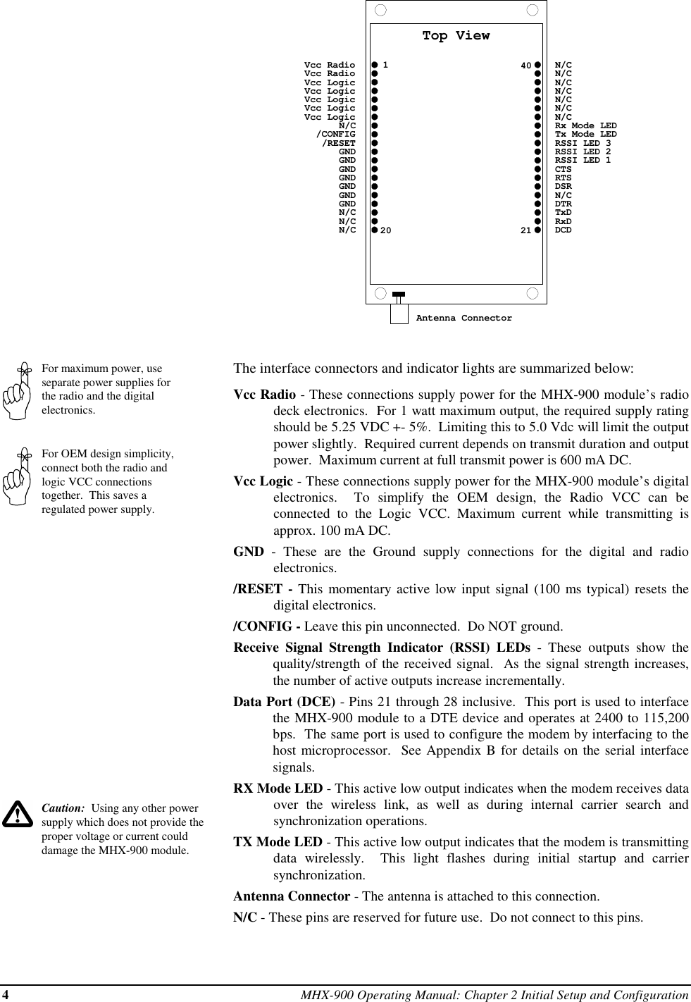 4MHX-900 Operating Manual: Chapter 2 Initial Setup and ConfigurationFor maximum power, useseparate power supplies forthe radio and the digitalelectronics.For OEM design simplicity,connect both the radio andlogic VCC connectionstogether.  This saves aregulated power supply.Caution:  Using any other powersupply which does not provide theproper voltage or current coulddamage the MHX-900 module.120Top ViewAntenna Connector2140Vcc RadioVcc RadioVcc LogicN/C/CONFIG/RESETGNDGNDGNDN/CTx Mode LEDRSSI LED 3RSSI LED 2RSSI LED 1CTSRTSDSRN/CDTRTxDRxDDCDVcc LogicVcc LogicVcc LogicVcc LogicGNDGNDGNDGNDN/CN/CN/CN/CN/CN/CN/CN/CN/CRx Mode LEDThe interface connectors and indicator lights are summarized below:Vcc Radio - These connections supply power for the MHX-900 module’s radiodeck electronics.  For 1 watt maximum output, the required supply ratingshould be 5.25 VDC +- 5%.  Limiting this to 5.0 Vdc will limit the outputpower slightly.  Required current depends on transmit duration and outputpower.  Maximum current at full transmit power is 600 mA DC.Vcc Logic - These connections supply power for the MHX-900 module’s digitalelectronics.  To simplify the OEM design, the Radio VCC can beconnected to the Logic VCC. Maximum current while transmitting isapprox. 100 mA DC.GND - These are the Ground supply connections for the digital and radioelectronics./RESET - This momentary active low input signal (100 ms typical) resets thedigital electronics./CONFIG - Leave this pin unconnected.  Do NOT ground.Receive Signal Strength Indicator (RSSI) LEDs - These outputs show thequality/strength of the received signal.  As the signal strength increases,the number of active outputs increase incrementally.Data Port (DCE) - Pins 21 through 28 inclusive.  This port is used to interfacethe MHX-900 module to a DTE device and operates at 2400 to 115,200bps.  The same port is used to configure the modem by interfacing to thehost microprocessor.  See Appendix B for details on the serial interfacesignals.RX Mode LED - This active low output indicates when the modem receives dataover the wireless link, as well as during internal carrier search andsynchronization operations.TX Mode LED - This active low output indicates that the modem is transmittingdata wirelessly.  This light flashes during initial startup and carriersynchronization.Antenna Connector - The antenna is attached to this connection.N/C - These pins are reserved for future use.  Do not connect to this pins.