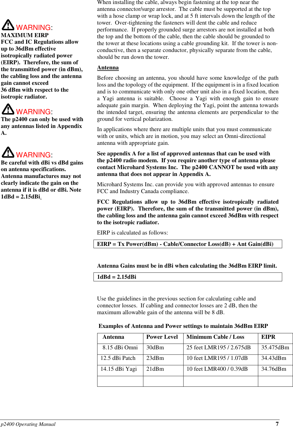 p2400 Operating Manual 7     WARNING: MAXIMUM EIRP FCC and IC Regulations allow up to 36dBm effective isotropically radiated power (EIRP).  Therefore, the sum of the transmitted power (in dBm), the cabling loss and the antenna gain cannot exceed  36 dBm with respect to the isotropic radiator.    WARNING: The p2400 can only be used with any antennas listed in Appendix A.   WARNING: Be careful with dBi vs dBd gains on antenna specifications.  Antenna manufactures may not clearly indicate the gain on the antenna if it is dBd or dBi. Note 1dBd = 2.15dBi.When installing the cable, always begin fastening at the top near the antenna connector/surge arrestor.  The cable must be supported at the top with a hose clamp or wrap lock, and at 5 ft intervals down the length of the tower.  Over-tightening the fasteners will dent the cable and reduce performance.  If properly grounded surge arrestors are not installed at both the top and the bottom of the cable, then the cable should be grounded to the tower at these locations using a cable grounding kit.  If the tower is non-conductive, then a separate conductor, physically separate from the cable, should be run down the tower. Antenna Before choosing an antenna, you should have some knowledge of the path loss and the topology of the equipment.  If the equipment is in a fixed location and is to communicate with only one other unit also in a fixed location, then a  Yagi  antenna  is  suitable.    Choose  a  Yagi  with  enough  gain  to  ensure adequate gain margin.  When deploying the Yagi, point the antenna towards the intended target, ensuring the antenna elements are perpendicular to the ground for vertical polarization. In applications where there are multiple units that you must communicate with or units, which are in motion, you may select an Omni-directional antenna with appropriate gain. See appendix A for a list of approved antennas that can be used with the p2400 radio modem.  If you require another type of antenna please contact Microhard Systems Inc.  The p2400 CANNOT be used with any antenna that does not appear in Appendix A.  Microhard Systems Inc. can provide you with approved antennas to ensure FCC and Industry Canada compliance. FCC  Regulations  allow  up  to  36dBm  effective  isotropically radiated power (EIRP).  Therefore, the sum of the transmitted power (in dBm), the cabling loss and the antenna gain cannot exceed 36dBm with respect to the isotropic radiator. EIRP is calculated as follows: EIRP = Tx Power(dBm) - Cable/Connector Loss(dB) + Ant Gain(dBi)  Antenna Gains must be in dBi when calculating the 36dBm EIRP limit.  1dBd = 2.15dBi  Use the guidelines in the previous section for calculating cable and connector losses.  If cabling and connector losses are 2 dB, then the maximum allowable gain of the antenna will be 8 dB.     Examples of Antenna and Power settings to maintain 36dBm EIRP   Antenna Power Level Minimum Cable / Loss EIPR   8.15 dBi Omni 30dBm 25 feet LMR195 / 2.675dB 35.475dBm 12.5 dBi Patch 23dBm 10 feet LMR195 / 1.07dB 34.43dBm 14.15 dBi Yagi 21dBm 10 feet LMR400 / 0.39dB 34.76dBm       