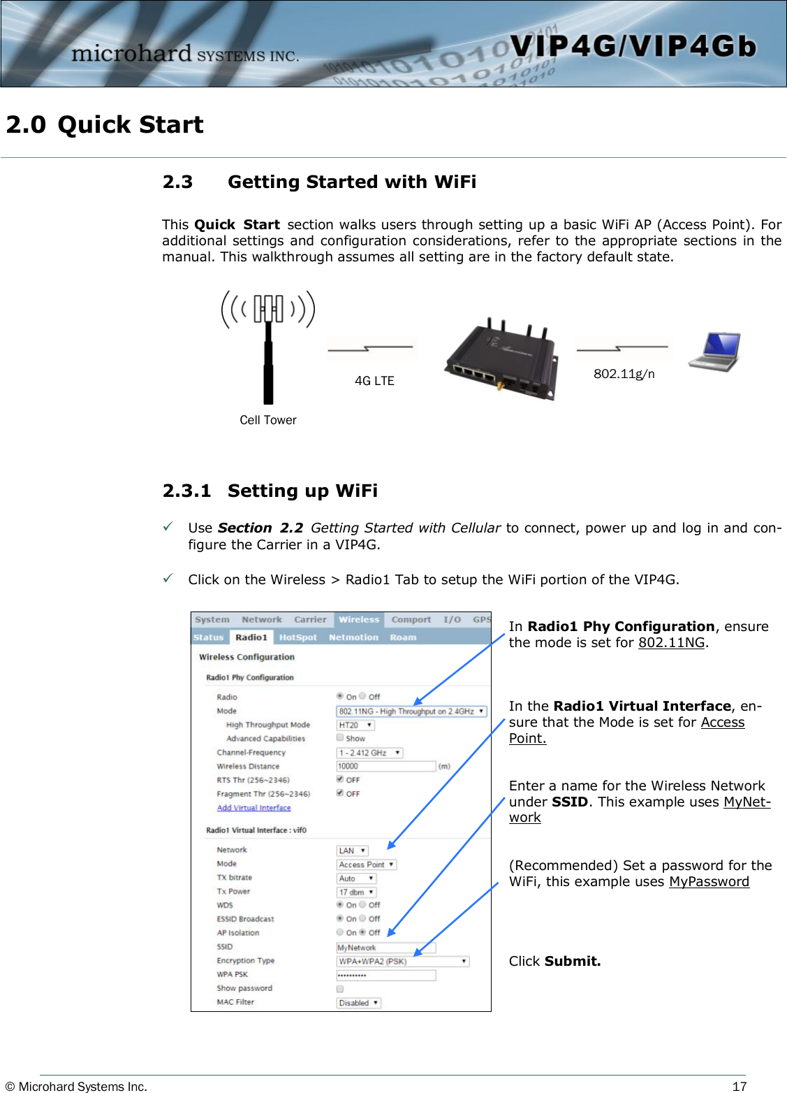 © Microhard Systems Inc.          17 2.3    Getting Started with WiFi   This Quick  Start  section walks users through setting up a basic WiFi AP (Access Point). For additional settings and configuration considerations, refer to the appropriate sections in the manual. This walkthrough assumes all setting are in the factory default state.             2.3.1  Setting up WiFi   Use Section  2.2  Getting Started with Cellular to connect, power up and log in and con-figure the Carrier in a VIP4G.    Click on the Wireless &gt; Radio1 Tab to setup the WiFi portion of the VIP4G.  Cell Tower 2.0 Quick Start  4G LTE  802.11g/n In Radio1 Phy Configuration, ensure the mode is set for 802.11NG.    In the Radio1 Virtual Interface, en-sure that the Mode is set for Access Point.   Enter a name for the Wireless Network under SSID. This example uses MyNet-work   (Recommended) Set a password for the WiFi, this example uses MyPassword     Click Submit. 
