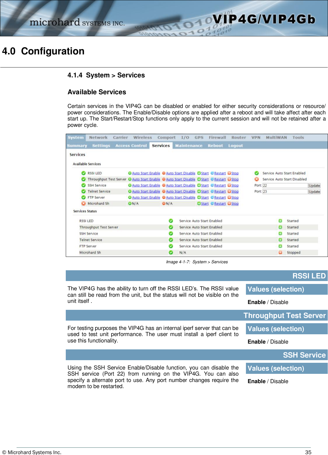 © Microhard Systems Inc.          35 4.0  Configuration  4.1.4  System &gt; Services  Available Services  Certain services in the VIP4G can be disabled or enabled for either security considerations or resource/power considerations. The Enable/Disable options are applied after a reboot and will take affect after each start up. The Start/Restart/Stop functions only apply to the current session and will not be retained after a power cycle. Image 4-1-7:  System &gt; Services The VIP4G has the ability to turn off the RSSI LED’s. The RSSI value can still be read from the unit, but the status will not be visible on the unit itself . RSSI LED Values (selection) Enable / Disable Throughput Test Server For testing purposes the VIP4G has an internal iperf server that can be used  to test unit  performance.  The  user  must install  a iperf client  to use this functionality.    Enable / Disable Values (selection) SSH Service Using the SSH Service Enable/Disable function, you can disable the SSH  service  (Port  22)  from  running  on  the  VIP4G.  You  can  also specify a alternate port to use. Any port number changes require the modem to be restarted.  Enable / Disable Values (selection) 