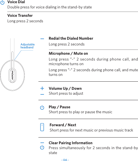 - 04 -Long press ”-” 2 seconds during phone call, and microphone turns onLong press ”-” 2 seconds during phone call, and mute turns onDouble press for voice dialing in the stand-by stateVoice DialLong press 2 secondsVoice Transfer Long press 2 secondsRedial the Dialed NumberMicrophone / Mute on Press simultaneously for 2 seconds in the stand-by stateShort press to adjustVolume Up / DownShort press to play or pause the musicPlay / PauseShort press for next music or previous music trackForward / NextClear Pairing InformationAdjustableheadband