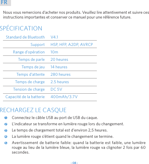 - 08 -FRNous vous remercions d&apos;acheter nos produits. Veuillez lire attentivement et suivre ces instructions importantes et conserver ce manuel pour une référence future.SPÉCIFICATIONStandard de BluetoothSupportRange d’opérationTemps de parleTemps de jeuTemps d&apos;attenteTemps de chargeTension de chargeCapacité de la batterieV4.1HSP, HFP, A2DP, AVRCP10m20 heures14 heures280 heures2.5 heuresDC 5V400mAh/3.7VRECHARGEZ LE CASQUEConnectez le câble USB au port de USB du caque. L&apos;indicateur se transforme en lumière rouge lors du changement.Le temps de chargement total est d&apos;environ 2,5 heures.La lumière rouge s’étient quand le changement se termine. Avertissement de batterie faible: quand la batterie est faible, une lumière rouge au lieu de la lumière bleue, la lumière rouge va clignoter 2 fois par 60 secondes.12345