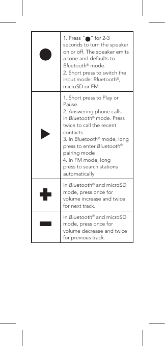 1. Press “    ” for 2-3 seconds to turn the speaker on or off. The speaker emits a tone and defaults to Bluetooth® mode.2. Short press to switch the input mode: Bluetooth®, microSD or FM.1. Short press to Play or Pause.2. Answering phone calls in Bluetooth® mode. Press twice to call the recent contacts3. In Bluetooth® mode, long press to enter Bluetooth® pairing mode4. In FM mode, long press to search stations automaticallyIn Bluetooth® and microSD mode, press once for volume increase and twice for next track.In Bluetooth® and microSD mode, press once for volume decrease and twice for previous track.