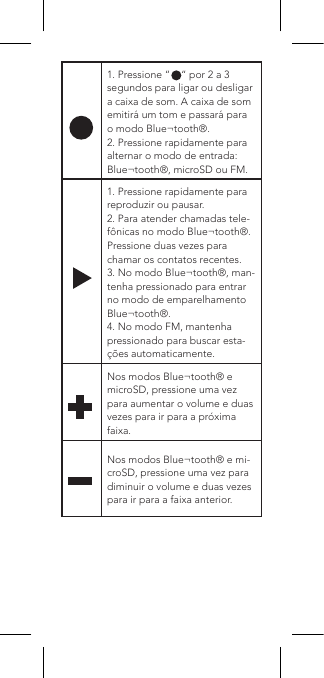 1. Pressione “    “ por 2 a 3 segundos para ligar ou desligar a caixa de som. A caixa de som emitirá um tom e passará para o modo Blue¬tooth®.2. Pressione rapidamente para alternar o modo de entrada: Blue¬tooth®, microSD ou FM.1. Pressione rapidamente para reproduzir ou pausar.2. Para atender chamadas tele-fônicas no modo Blue¬tooth®. Pressione duas vezes para chamar os contatos recentes.3. No modo Blue¬tooth®, man-tenha pressionado para entrar no modo de emparelhamento Blue¬tooth®.4. No modo FM, mantenha pressionado para buscar esta-ções automaticamente.Nos modos Blue¬tooth® e microSD, pressione uma vez para aumentar o volume e duas vezes para ir para a próxima faixa.Nos modos Blue¬tooth® e mi-croSD, pressione uma vez para diminuir o volume e duas vezes para ir para a faixa anterior.