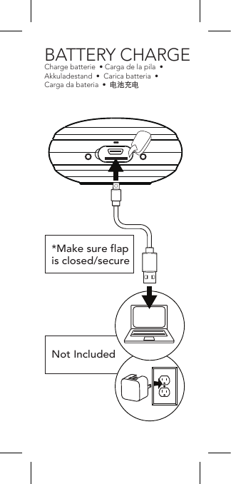 Not IncludedHold 3 SecondsAppuyer pendant 3 secondesMantenga oprimido durante 3 segundos3 Sekunden gedrückt haltenTenere premuto per 3 secondiManter pressionado por 3 segundos长按3秒DISCONNECTCouper  • Desconectar  •  Trennen  •  Disconnect  •  Desligar  •  断开BATTERY CHARGECharge batterie  • Carga de la pila  •  Akkuladestand  •  Carica batteria  •  Carga da bateria  •  电池充电AUX INAUX in • Entrada AUX •  AUX in  •  In AUX  •  AUX in  •  辅助输入JAMO.COMFor more in-depth information:Pour plus d’informations:Hay información más detallada:Detailliertere Anweisungen:Per informazioni più dettagliate:Para obter informações mais:欲了解更详细的信息:Hold 3 SecondsAppuyer pendant 3 secondesMantenga oprimido durante 3 segundos3 Sekunden gedrückt haltenTenere premuto per 3 secondiManter pressionado por 3 segundos长按3秒DISCONNECTCouper  • Desconectar  •  Trennen  •  Disconnect  •  Desligar  •  断开BATTERY CHARGECharge batterie  • Carga de la pila  •  Akkuladestand  •  Carica batteria  •  Carga da bateria  •  电池充电JAMO.COMFor more in-depth information:Pour plus d’informations:Hay información más detallada:Detailliertere Anweisungen:Per informazioni più dettagliate:Para obter informações mais:欲了解更详细的信息:Not Included*Make sure flap is closed/secure