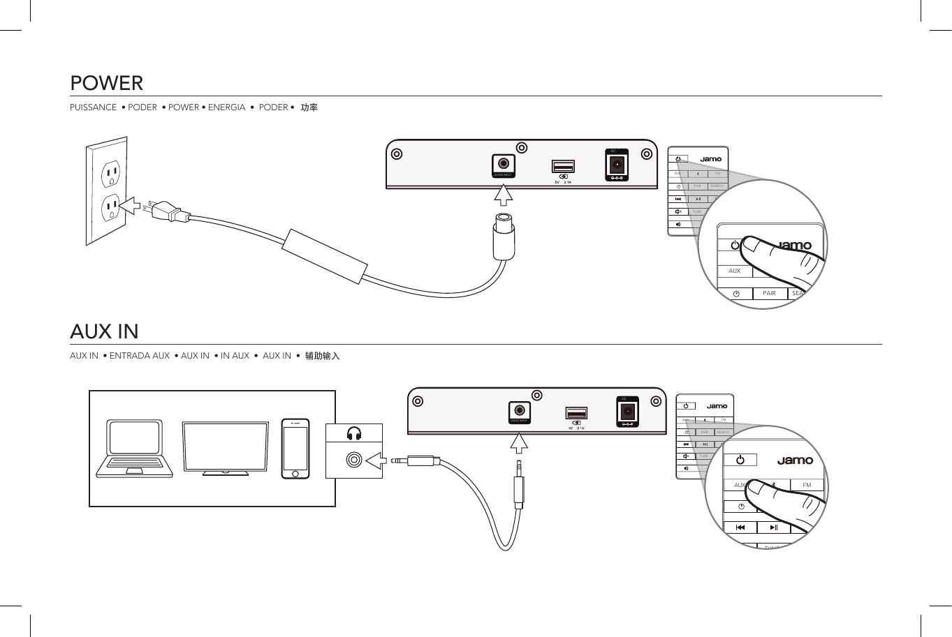 AUX INPOWERAUX IN  • ENTRADA AUX  • AUX IN  • IN AUX  •  AUX IN  •  辅助输入PUISSANCE  • PODER  • POWER • ENERGIA  •  PODER •  功率DCAUDIO INPUT  IN AUX FMPAIR SEARCHTUNE- TUNE+AUX FMPAIR SEARCHTUNE- TUNE+DCAUDIO INPUT  IN AUX FMPAIR SEARCHTUNE- TUNE+AUX FMPAIR SEARCHTUNE- TUNE+