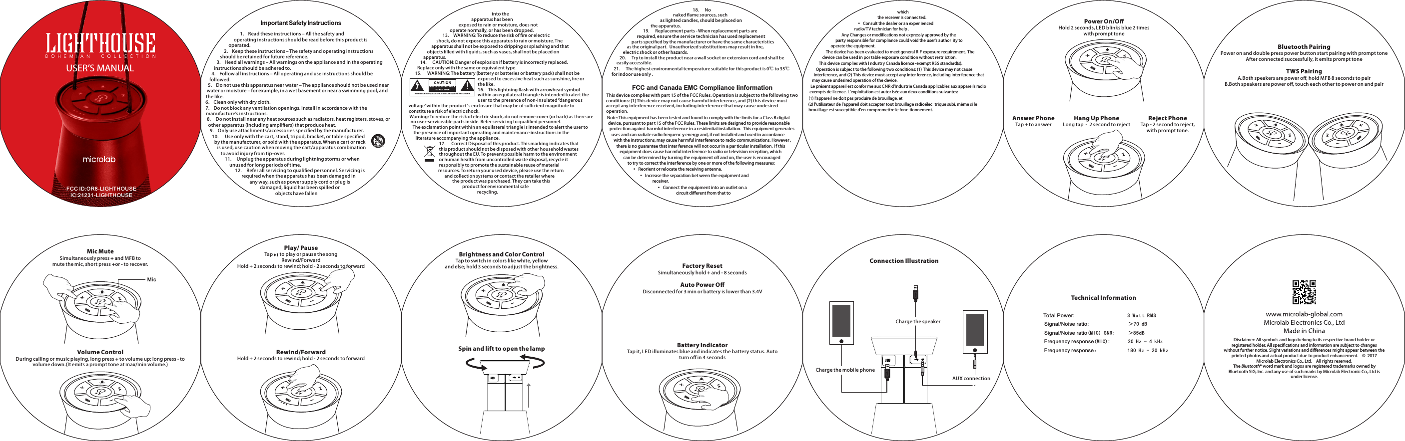 Bluetooth PairingPower on and double press power button start pairing with prompt toneAfter connected successfully, it emits prompt toneTWS PairingA.Both speakers are power oﬀ, hold M FB 8 seconds to pairB.Both speakers are power oﬀ, touch each other to power on and pairBrightness and Color ControlTap to switch in colors like white, yellow and else; hold 3 seconds to adjust the brightness.Spin and lift to open the lampPlay/ PauseTap to play or pause the songRewind/ForwardHold + 2 seconds to rewind; hold - 2 seconds to forwardRewind/ForwardHold + 2 seconds to rewind; hold - 2 seconds to forwardFactory ResetSimultaneously hold + and - 8 seconds Auto Power OﬀDisconnected for 3 min or battery is lower than 3.4VBattery IndicatorTap it, LED illuminates blue and indicates the battery status. Auto turn oﬀ in 4 secondsConnection IllustrationAUX connectionAUX connectionAUX connectionCharge the mobile phoneCharge the mobile phoneCharge the mobile phoneCharge the speakerCharge the speakerCharge the speaker1.Read these instructions – All the safety and operating instructions should be read before this product is operated.2.Keep these instructions – The safety and operating instructions should be retained for future reference.3.Heed all warnings – All warnings on the appliance and in the operating instructions should be adhered to.4.Follow all instructions – All operating and use instructions should be followed.5.Do not use this apparatus near water – The appliance should not be used near water or moisture – for example, in a wet basement or near a swimming pool, and the like.6.Clean only with dry cloth.7.Do not block any ventilation openings. Install in accordance with the manufacture’s instructions.8.  Do not install near any heat sources such as radiators, heat registers, stoves, or other apparatus (including ampliﬁers) that produce heat.9.Only use attachments/accessories speciﬁed by the manufacturer.10.  Use only with the cart, stand, tripod, bracket, or table speciﬁed by the manufacturer, or sold with the apparatus. When a cart or rack is used, use caution when moving the cart/apparatus combination to avoid injury from tip-over.11. Unplug the apparatus during lightning storms or when unused for long periods of time.12.  Refer all servicing to qualiﬁed personnel. Servicing is required when the apparatus has been damaged in any way, such as power supply cord or plug is damaged, liquid has been spilled or objects have fallen into the apparatus has been exposed to rain or moisture, does not operate normally, or has been dropped.13.  WARNING: To reduce the risk of ﬁre or electric shock, do not expose this apparatus to rain or moisture. The apparatus shall not be exposed to dripping or splashing and that objects ﬁlled with liquids, such as vases, shall not be placed on apparatus.14.  CAUTION: Danger of explosion if battery is incorrectly replaced. Replace only with the same or equivalent type.15.  WARNING: The battery (battery or batteries or battery pack) shall not be exposed to excessive heat such as sunshine, ﬁre or the like.16.This lightning ﬂash with arrowhead symbol within an equilateral triangle is intended to alert the user to the presence of non-insulated “dangerous voltage”within the product’ s enclosure that may be of suﬃcient magnitude to constitute a risk of electric shock.Warning: To reduce the risk of electric shock, do not remove cover (or back) as there are no user-serviceable parts inside. Refer servicing to qualiﬁed personnel. The exclamation point within an equilateral triangle is intended to alert the user to the presence of important operating and maintenance instructions in the literature accompanying the appliance.17.  Correct Disposal of this product. This marking indicates that this product should not be disposed with other household wastes throughout the EU. To prevent possible harm to the environment or human health from uncontrolled waste disposal, recycle it responsibly to promote the sustainable reuse of material resources. To return your used device, please use the return and collection systems or contact the retailer where the product was purchased. They can take this product for environmental safe recycling.18.  No naked ﬂame sources, such as lighted candles, should be placed on the apparatus.19.  Replacement parts - When replacement parts are required, ensure the service technician has used replacement parts speciﬁed by the manufacturer or have the same characteristics as the original part.  Unauthorized substitutions may result in ﬁre, electric shock or other hazards.20.  Try to install the product near a wall socket or extension cord and shall be easily accessible.21.  The highest environmental temperature suitable for this product is 0℃ to 35℃ for indoor use only .This device complies with part 15 of the FCC Rules. Operation is subject to the following two conditions: (1) This device may not cause harmful inter ference, and (2) this device must accept any interference received, including interference that may cause undesired operation.Note: This equipment has been tested and found to comply with the limits for a Class B digital device, pursuant to par t 15 of the FCC Rules. These limits are designed to provide reasonable protection against harmful interference in a residential installation.  This equipment generates uses and can radiate radio frequenc y energy and, if not installed and used in accordance with the instruc tions, may cause har mful interference to radio communications. However , there is no guarantee that inter ference will not occur in a par ticular installation. I f this equipment does cause har mful interference to radio or television reception, which can be determined by turning the equipment off and on, the user is encouraged to try to correct the interference by one or more of the following measures:Reorient or relocate the receiving antenna.Increase the separation bet ween the equipment and receiver.Connect the equipment into an outlet on a circuit different from that to ATTEN TION:R ISQUED ECHOCEL ECTRI QUE-NEPASO UVRIRRIS K  OF  ELEC TRIC  SH OCK DO  NO T  OPEN FCC and Canada EMC Compliance Iinformationwhich the receiver is connec ted.Consult the dealer or an exper ienced radio/TV technician for help .Any Changes or modifications not expressly approved by the party responsible for compliance could void the user&apos;s author ity to operate the equipment.The device has been evaluated to meet general R F exposure requirement. The device can be used in por table exposure condition without restr iction.This device complies with I ndustry Canada licence-exempt RSS standard(s). Operation is subjec t to the following two conditions: (1) This device may not cause interference, and (2) This device must accept any inter ference, including inter ference that may cause undesired operation of the device.Le présent appareil est confor me aux CNR d&apos;Industrie Canada applicables aux appareils radio exempts de licence. L&apos;exploitation est autor isée aux deux conditions suivantes:(1) l&apos;appareil ne doit pas produire de brouillage, et(2) l&apos;utilisateur de l&apos;appareil doit accepter tout brouillage radioélec trique subi, même si le brouillage est susceptible d&apos;en compromettre le fonc tionnement.USER’S MANUALFCCID:OR8-LIGHTHOUSEIC:21231-LIGHTHOUSEVolume ControlDuring calling or music playing, long press + to volume up; long press - to volume down.(It emits a prompt tone at max/min volume.)Mic MuteSimultaneously press + and MFB to mute the mic, short press +or - to recover.Mic     Total Power:      3 Wa t t R M S   Signal/Noise ratio:         ＞70 dBSignal/Noise ratio(MIC) SNR:     ＞85dB Frequency response(MIC):       20 Hz - 4 kHzFrequency response：           180 Hz - 20 kHz                                                               Technical InformationDisclaimer: All symbols and logo belong to its respective brand holder or registered holder. All specifications and information are subject to changes without further notice. Slight variations and differences might appear between the printed photos and actual product due to product enhancement.    ©  2017  Microlab Electronics Co., Ltd.    All rights reserved.The Bluetooth® word mark and logos are registered trademarks owned by Bluetooth SIG, Inc. and any use of such marks by Microlab Electronic Co., Ltd is under license.Power On/OﬀHold 2 seconds, LED blinks blue 2 times with prompt toneHang Up PhoneLong tap  -  2 second to rejectAnswer PhoneTap + to answer Reject PhoneTap - 2 second to reject, with prompt tone.
