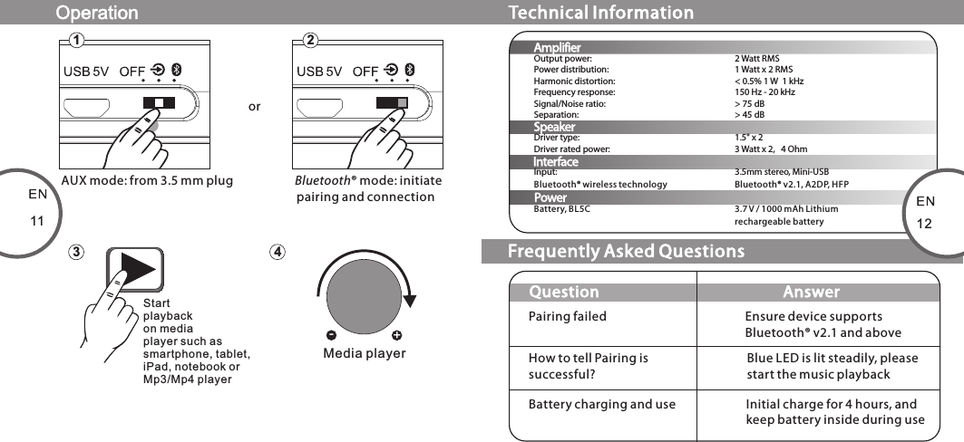 -+134Startplaybackon media player such as smartphone, tablet,iPad, notebook orMp3/Mp4 playerMedia playerOutput power:         2 Watt RMSPower distribution:         1 Watt x 2 RMSHarmonic distortion:       &lt; 0.5% 1 W  1 kHzFrequency response:       150 Hz - 20 kHzSignal/Noise ratio:         &gt; 75 dBSeparation:         &gt; 45 dBDriver type:         1.5&quot; x 2Driver rated power:        3 Watt x 2,   4 OhmInput:           3.5mm stereo, Mini-USBBluetooth® wireless technology    Bluetooth® v2.1, A2DP, HFPBattery, BL5C         3.7 V / 1000 mAh Lithium          rechargeable batteryPowerAmplifierSpeakerInterface2orAUX mode: from 3.5 mm plug                      Bluetooth® mode: initiate                                                                                    pairing and connectionTechnical InformationFrequently Asked QuestionsQuestion                                                   AnswerPairing failed Ensure device supports Bluetooth® v2.1 and aboveHow to tell Pairing is successful?Blue LED is lit steadily, please start the music playbackBattery charging and use Initial charge for 4 hours, andkeep battery inside during use11 1280-MD220-97-0001-01                      2012-02-0780-MD212-97-0001-01     2012-11-12