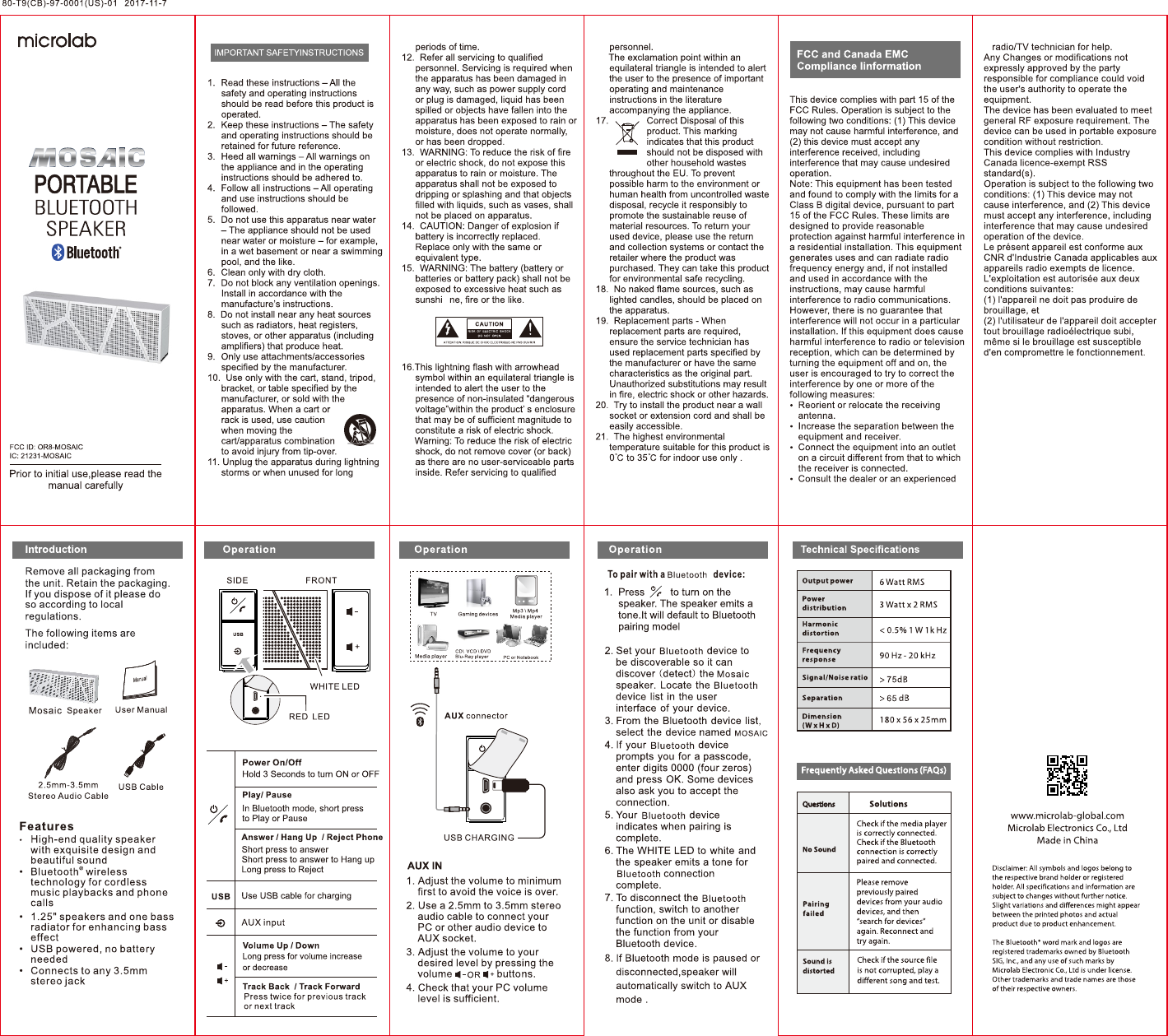 Page 1 of Microlab Electronics MOSAIC BLUETOOTH SPEAKER User Manual                      1