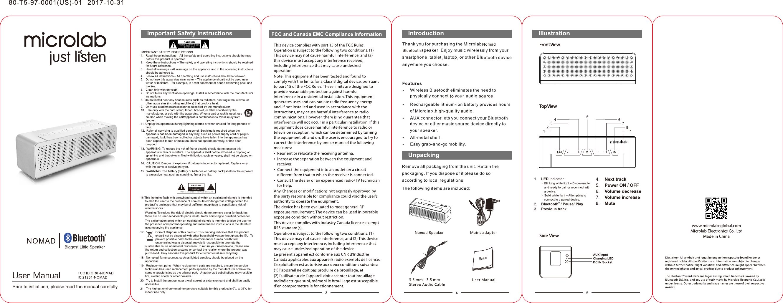 Page 1 of Microlab Electronics NOMAD BLUETOOTH SPEAKER User Manual                      1