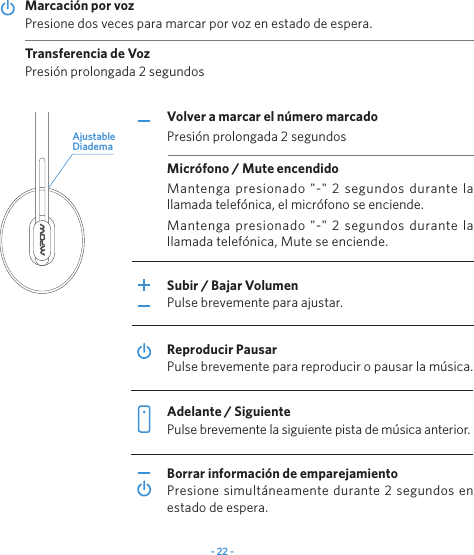 - 22 -Mantenga presionado &quot;-&quot; 2 segundos durante la llamada telefónica, el micrófono se enciende.Mantenga presionado &quot;-&quot; 2 segundos durante la llamada telefónica, Mute se enciende.Presione dos veces para marcar por voz en estado de espera.Marcación por vozPresión prolongada 2 segundosTransferencia de VozPresión prolongada 2 segundosVolver a marcar el número marcadoMicrófono / Mute encendidoPresione simultáneamente durante 2 segundos en estado de espera.Pulse brevemente para ajustar.Subir / Bajar VolumenPulse brevemente para reproducir o pausar la música.Reproducir PausarPulse brevemente la siguiente pista de música anterior.Adelante / SiguienteBorrar información de emparejamientoAjustable Diadema